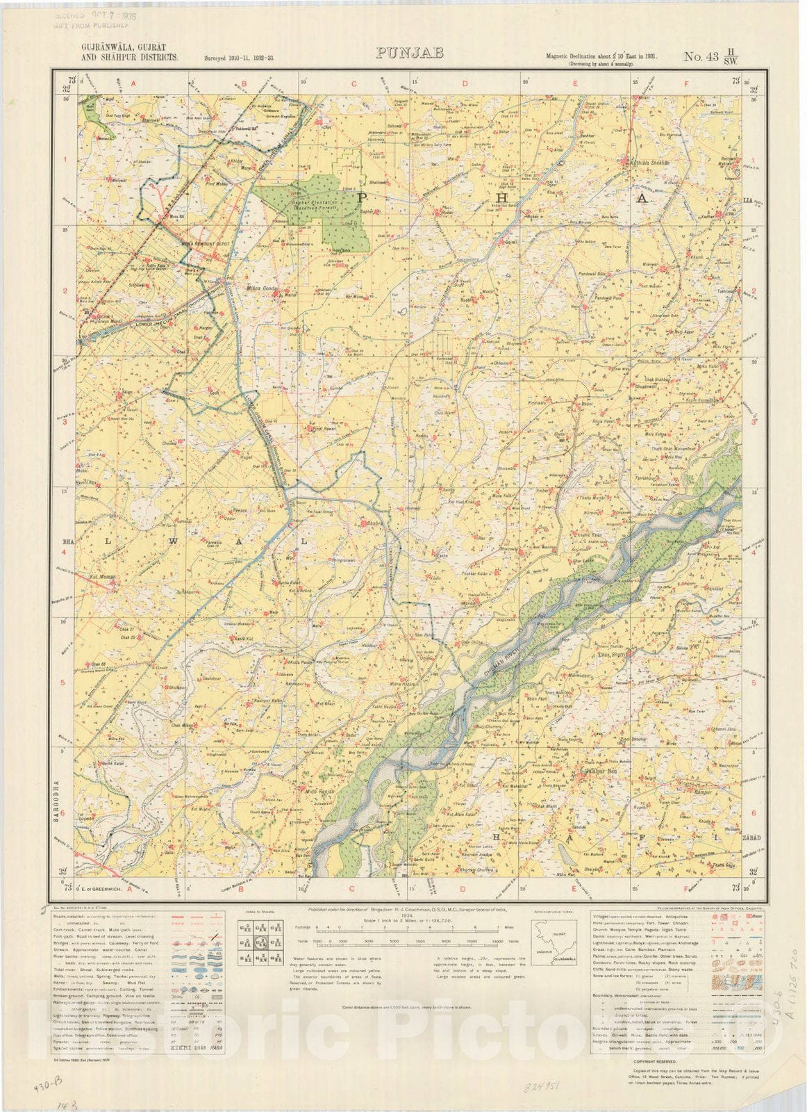 Map : Gujranwala, Gufrat and Shahpur Districts, Punjab, No. 43 H/S.W. 1934, India and adjacent countries, Antique Vintage Reproduction