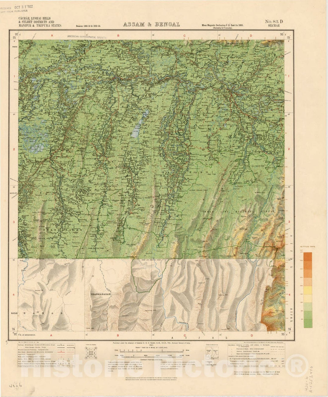 Map : Cachar, Lushair Hills & Sylhet Districts and Manipur & Tripura States, Assam & Bengal, No. 83 D Silchar 1921, India 1:253,440, Antique Vintage Reproduction