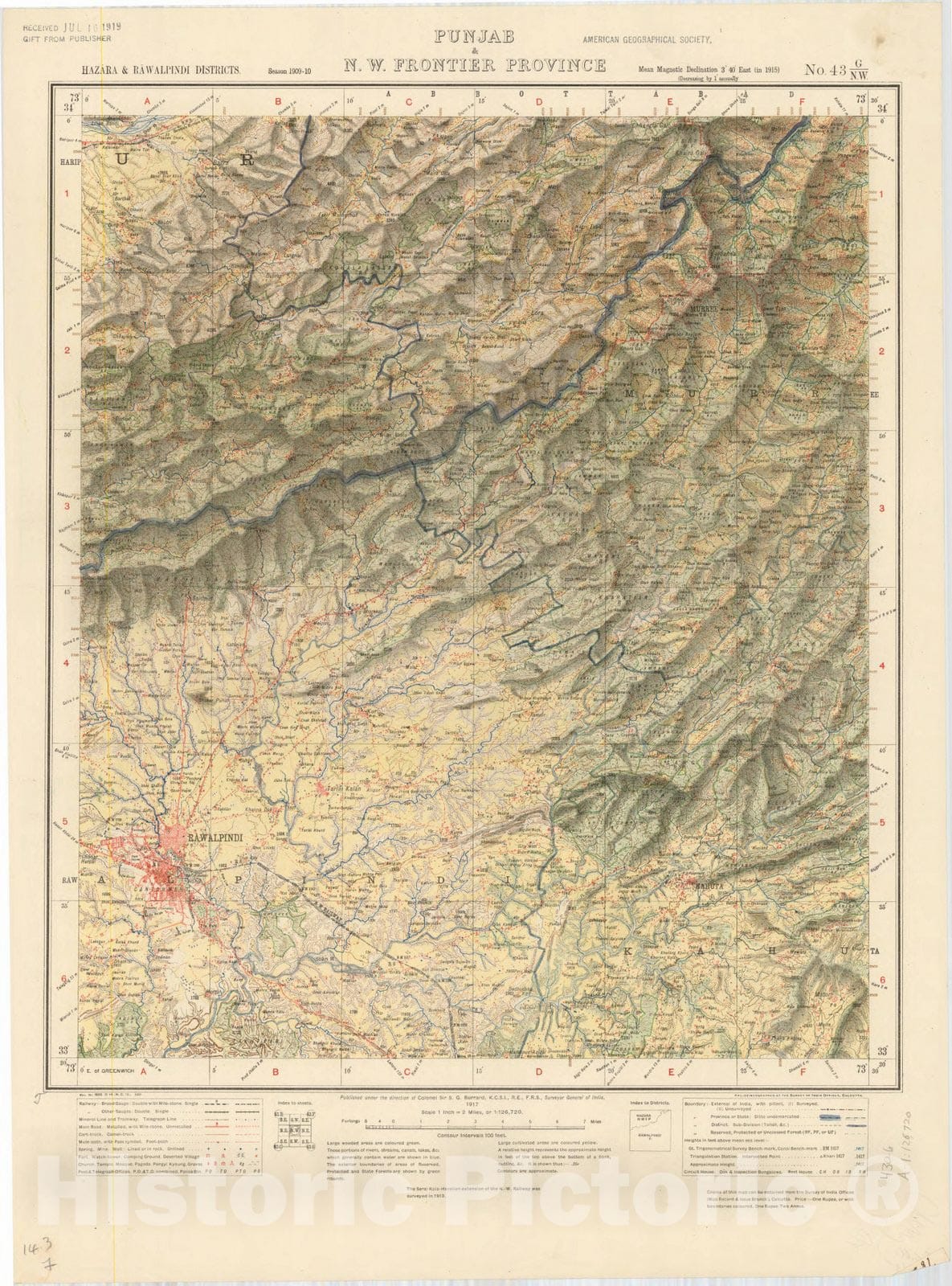 Map : Hazara & Rawalpindi Districts, Punjab 7 N.W. Frontier Province, No. 43 G/N.W. 1917, India and adjacent countries, Antique Vintage Reproduction