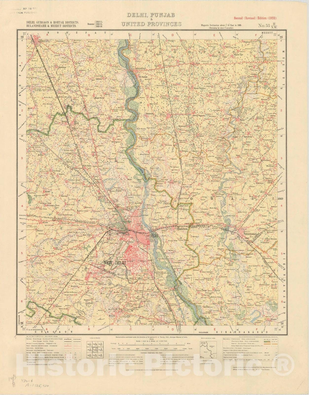 Map : Delhi, Gurgaon & Rohtak Districts, Bulandshahr & Meerut Districts, Delhi, Punjab & United Provinces, No. 53 H/N.W. 1928, India and adjacent countries