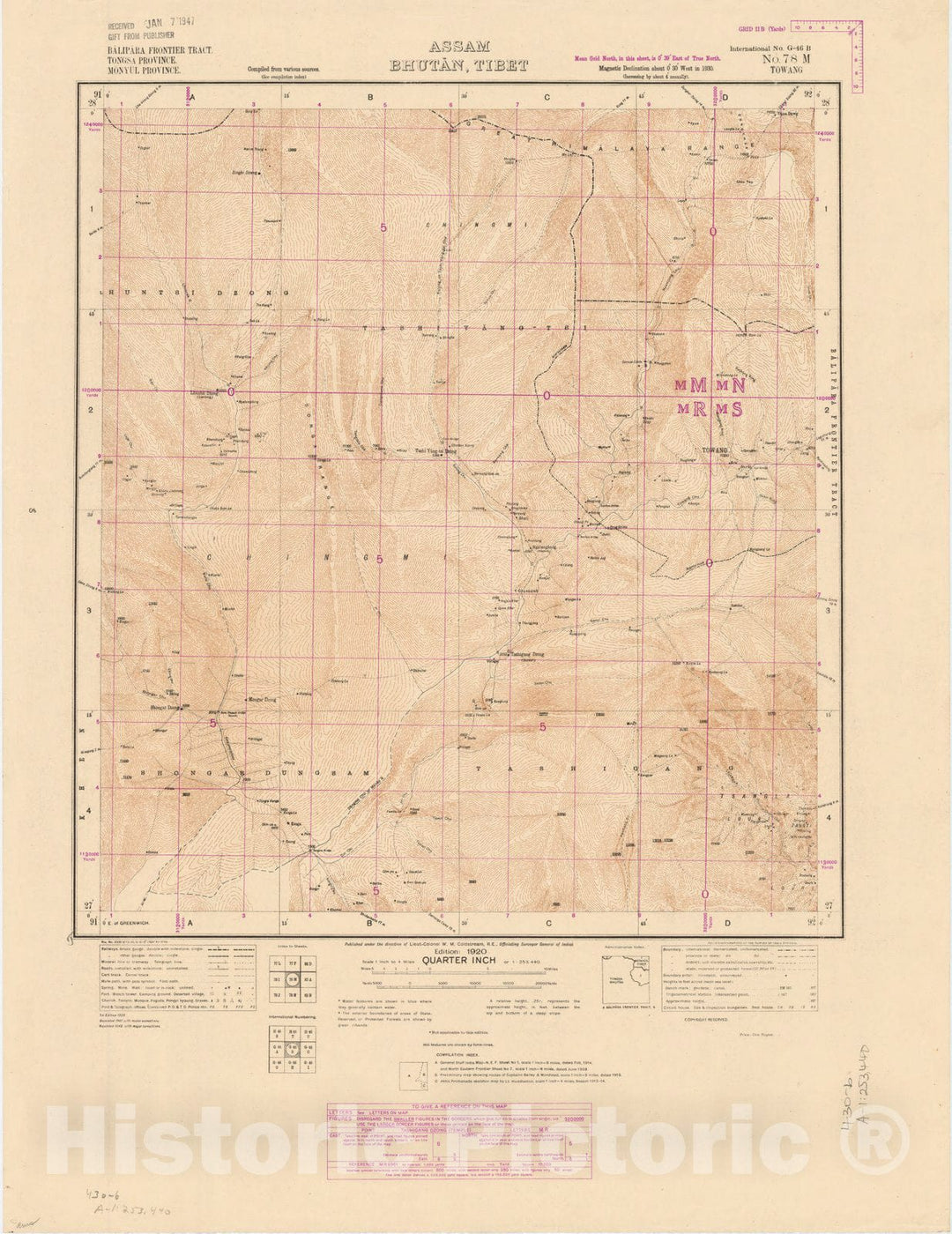 Map : Balipara Frontier Tract, Tongsa Province, Monyul Province, Assam, Bhutan, Tibet, No. 78 M 1943, India 1:253,440, Antique Vintage Reproduction