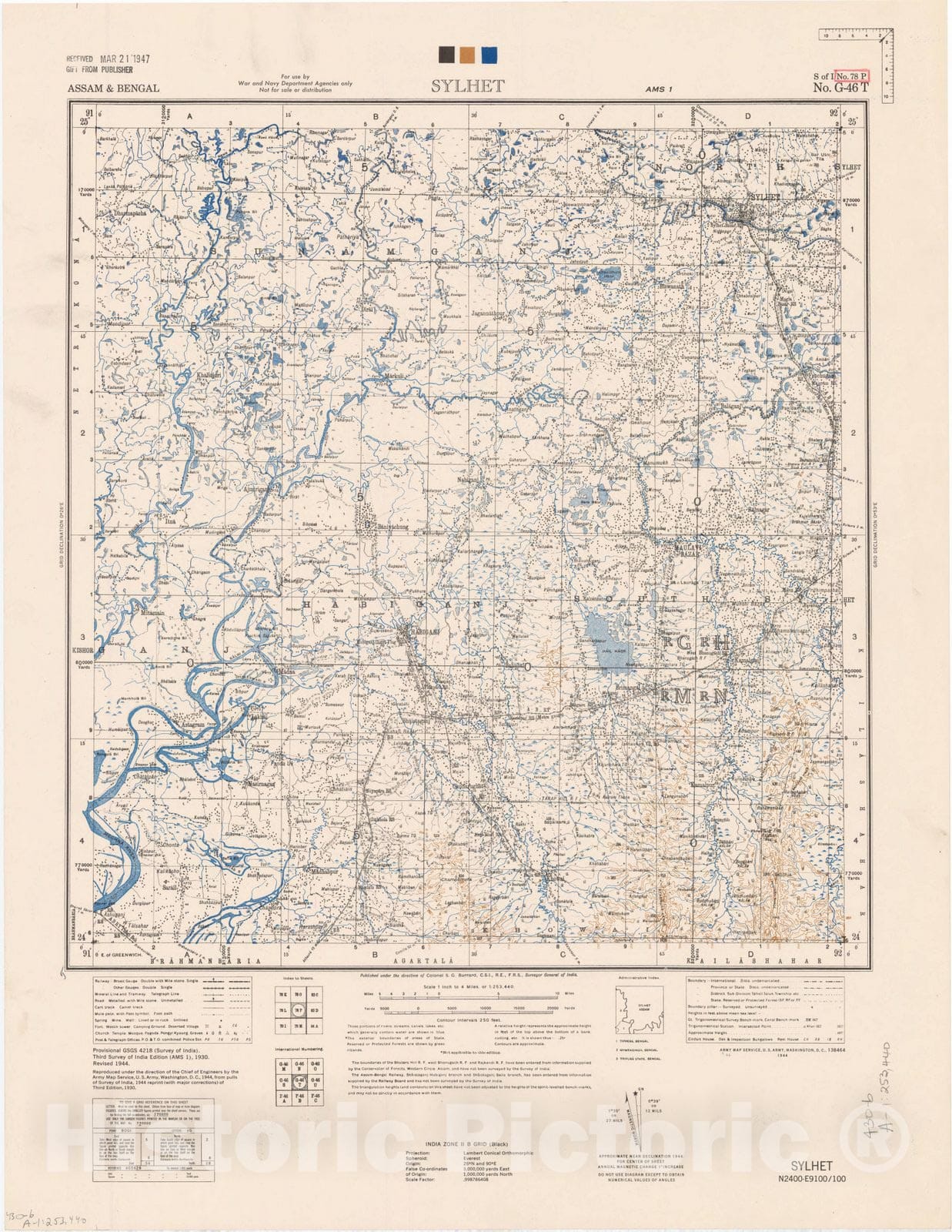 Map : Assam & Bengal, Sylhet, No. 78 P 1944, India 1:253,440, Antique Vintage Reproduction