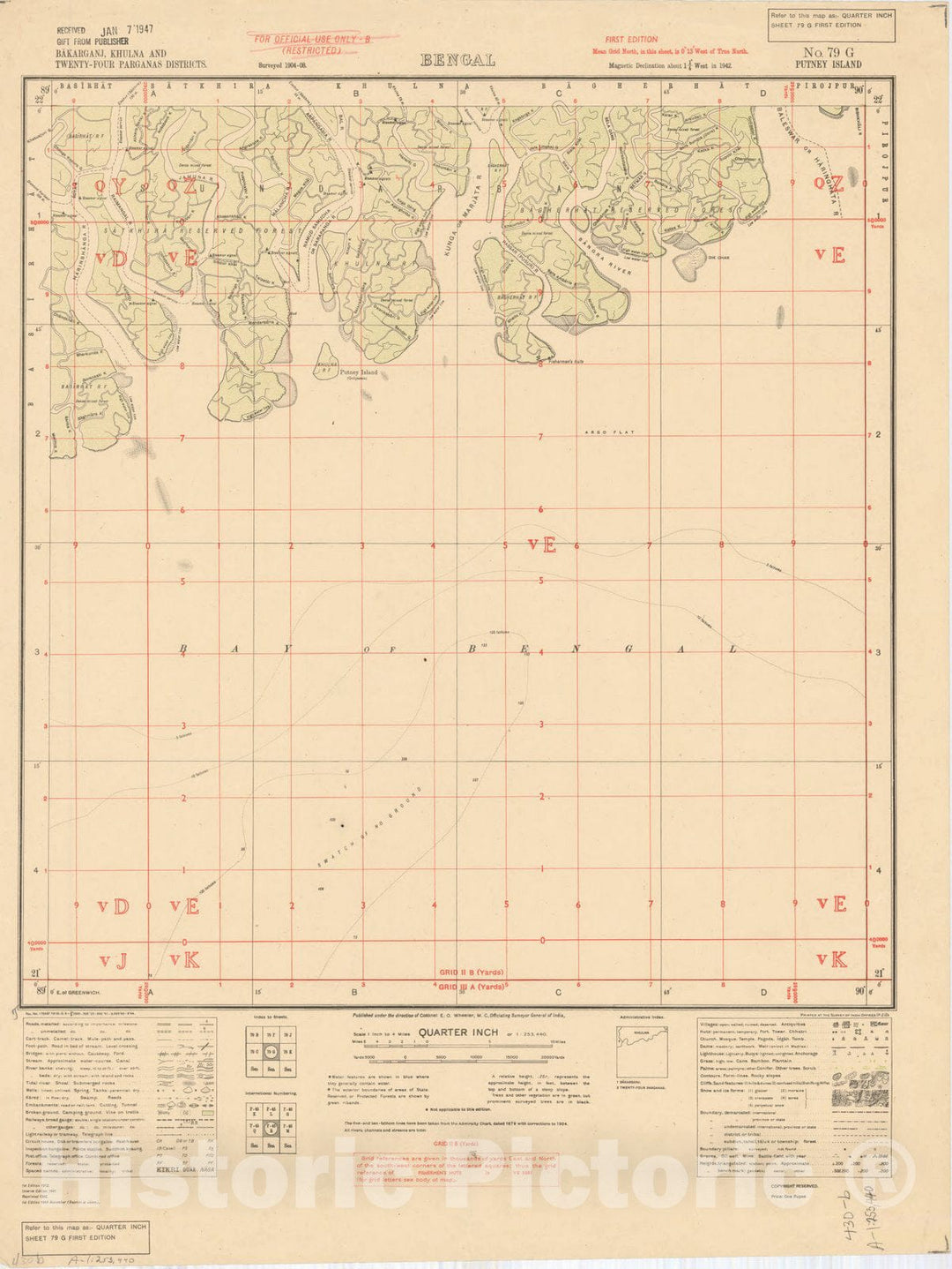 Map : Bakarganj, Khulna and Twenty-Four Parganas Districts, Bengal, No. 79 G Putney Island 1944, India 1:253,440, Antique Vintage Reproduction