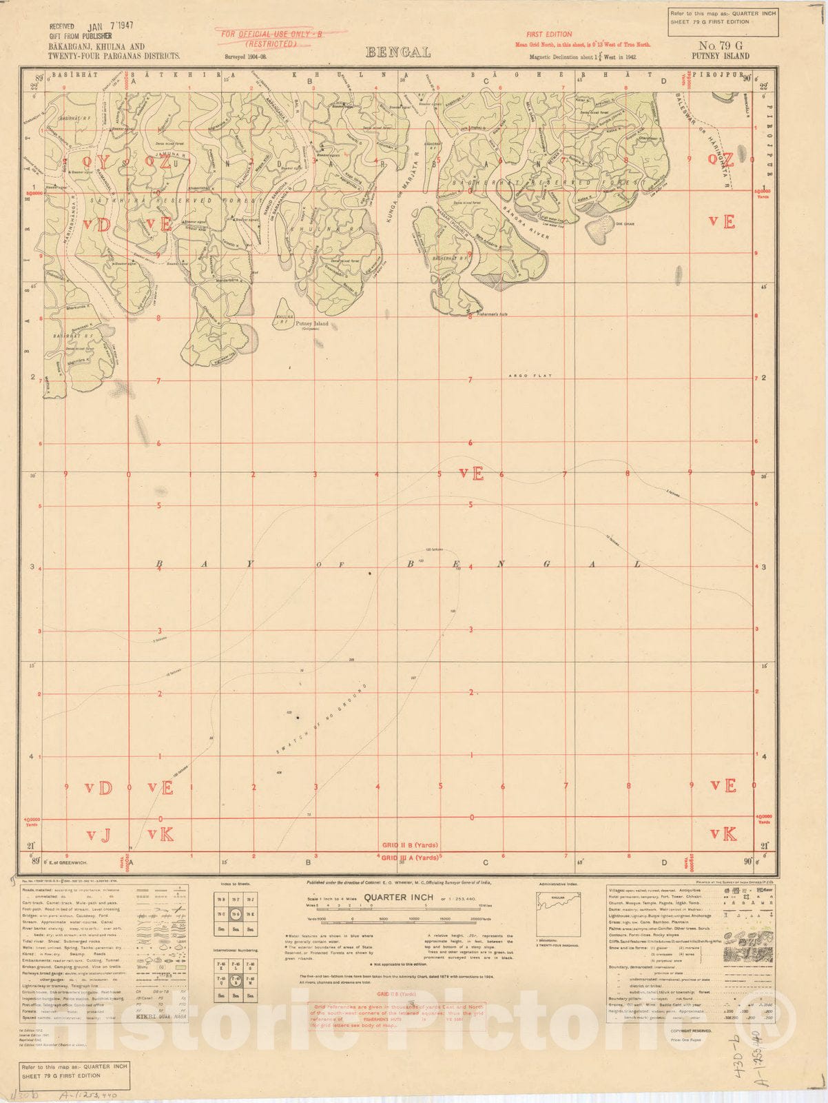 Map : Bakarganj, Khulna and Twenty-Four Parganas Districts, Bengal, No. 79 G Putney Island 1944, India 1:253,440, Antique Vintage Reproduction