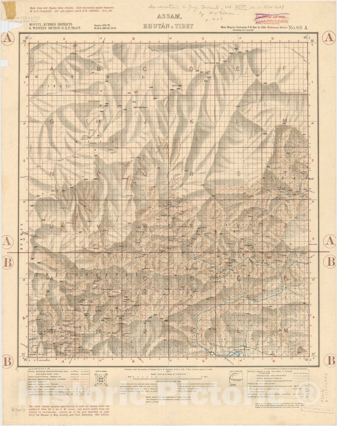 Map : Monyul, Kurmed Districts & Western Section N.E. F. Tract, Assam, Bhutan & Tibet, No. 83 A 1917, India 1:253,440, Antique Vintage Reproduction