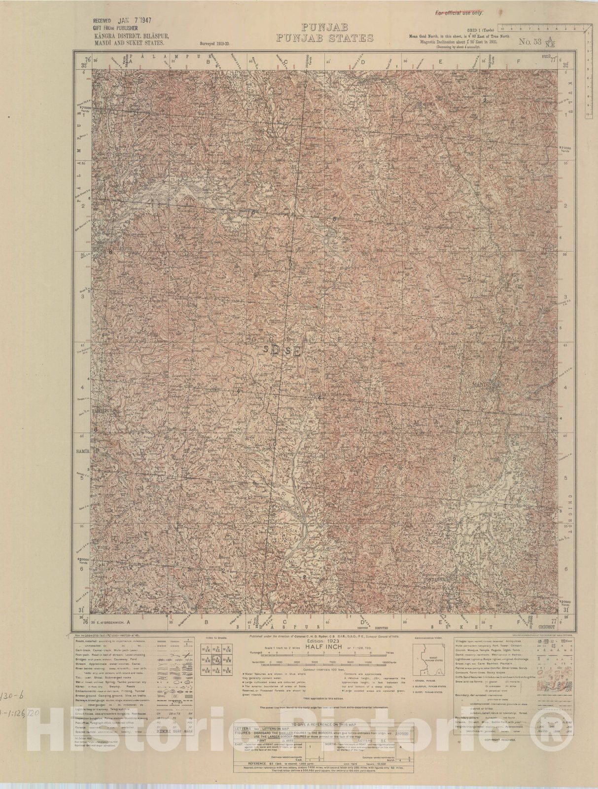 Map : Kangra District, Bilaspur, Mandi and Suket States, Punjab, Punjab States, No. 53 A/N.E. 1943, India and adjacent countries, Antique Vintage Reproduction