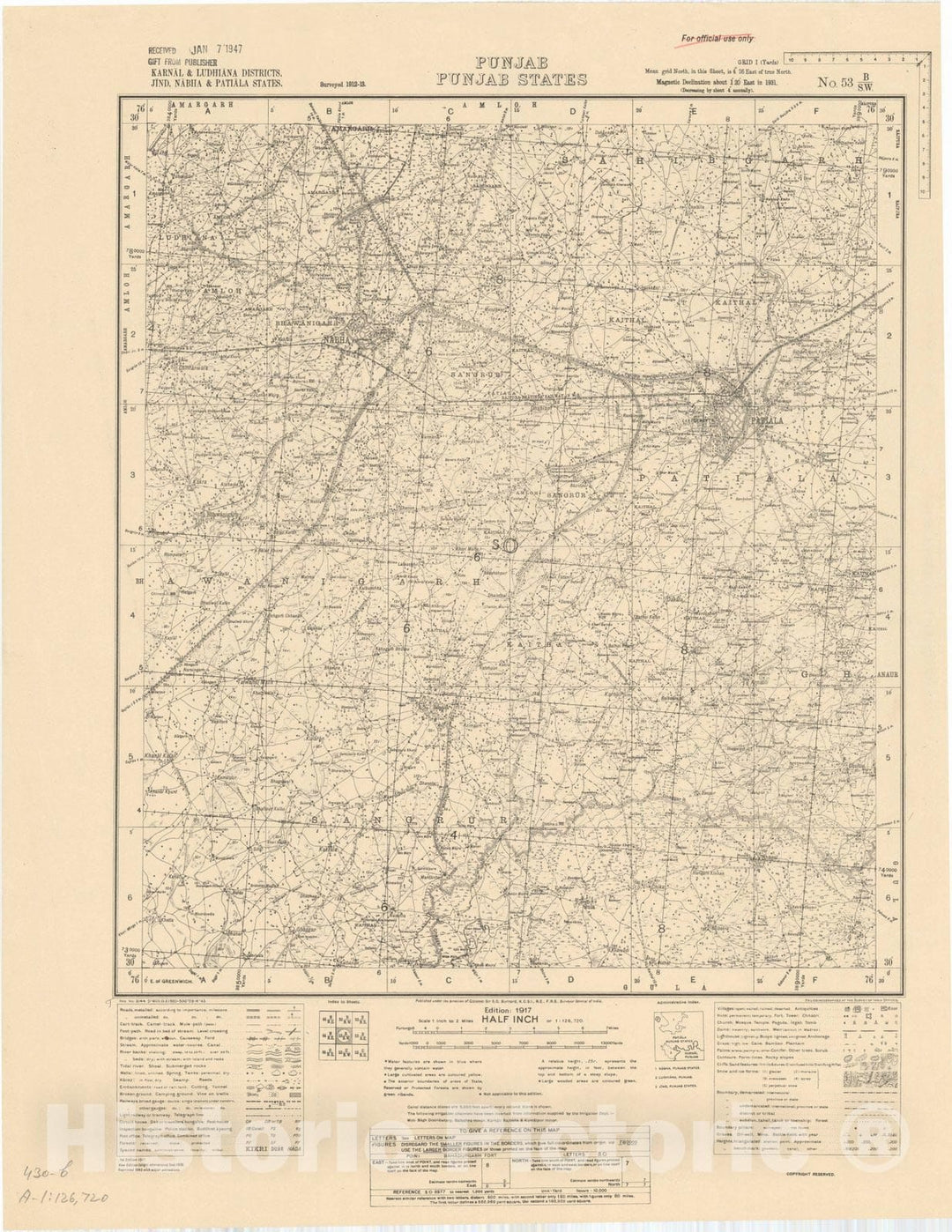 Map : Karnal & Ludhiana Districts, Jind, Nabha & Patiala States, Punjab, Punjab States, No. 53 B/S.W. 1943, India and adjacent countries, Antique Vintage Reproduction