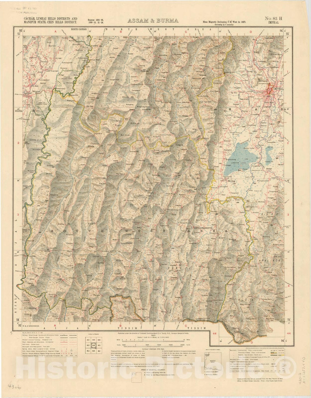 Map : Cachar, Lushai Hills Districts and manipur State, Chin Hills District, Assam & Burma, No. 83 H Imphal 1928, India 1:253,440, Antique Vintage Reproduction