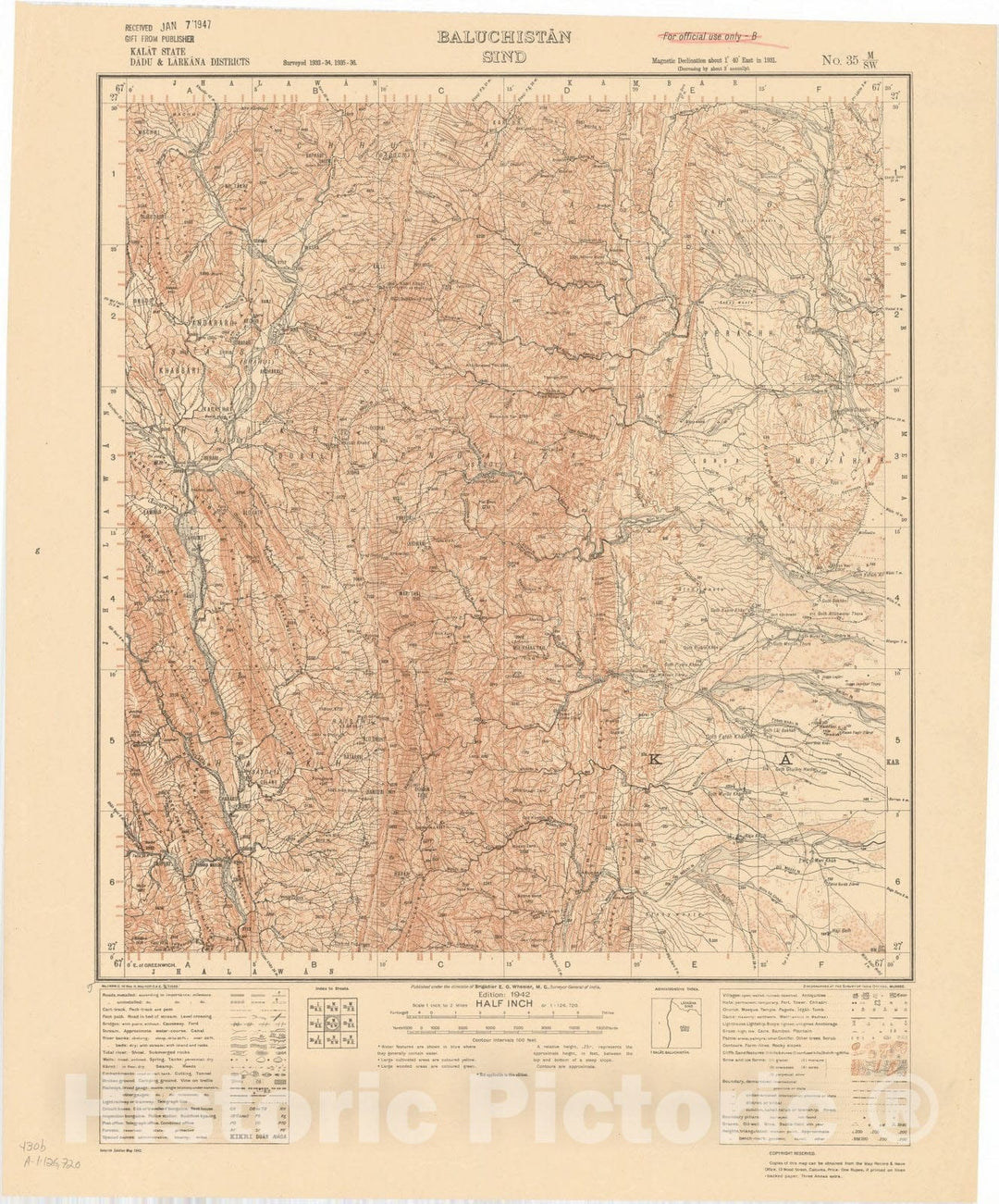 Map : Kalat State, Dadu & Larkana Districts, Baluchistan, Sind, No.35 M/S.W. 1942, India and adjacent countries, Antique Vintage Reproduction