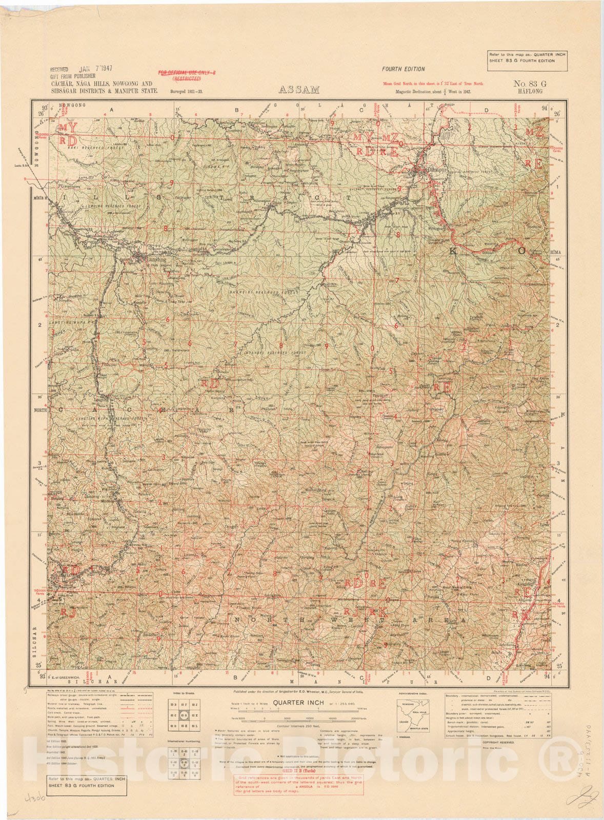 Map : Cachar, Naga Hills, Nowgong and Sibsagar Districts & Manipur State, Assam No. 83 G Haflong 1944, India 1:253,440, Antique Vintage Reproduction