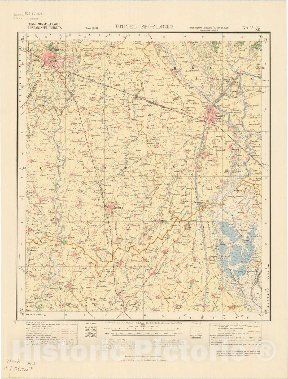 Map : Bijnor, Muzaffarnagar & Saharanpur Districts, United Provinces, No. 53 G/N.E. 1922, India and adjacent countries, Antique Vintage Reproduction