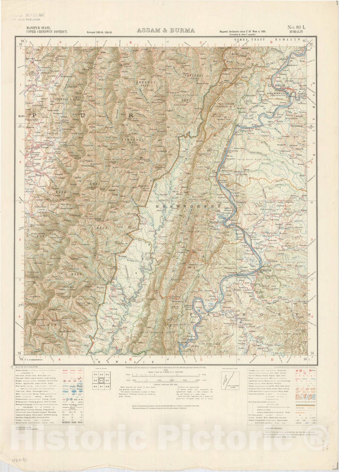 Map : Manipur State, Upper chindwin District, Assam & Burma No. 83 L Homalin 1935, India 1:253,440, Antique Vintage Reproduction