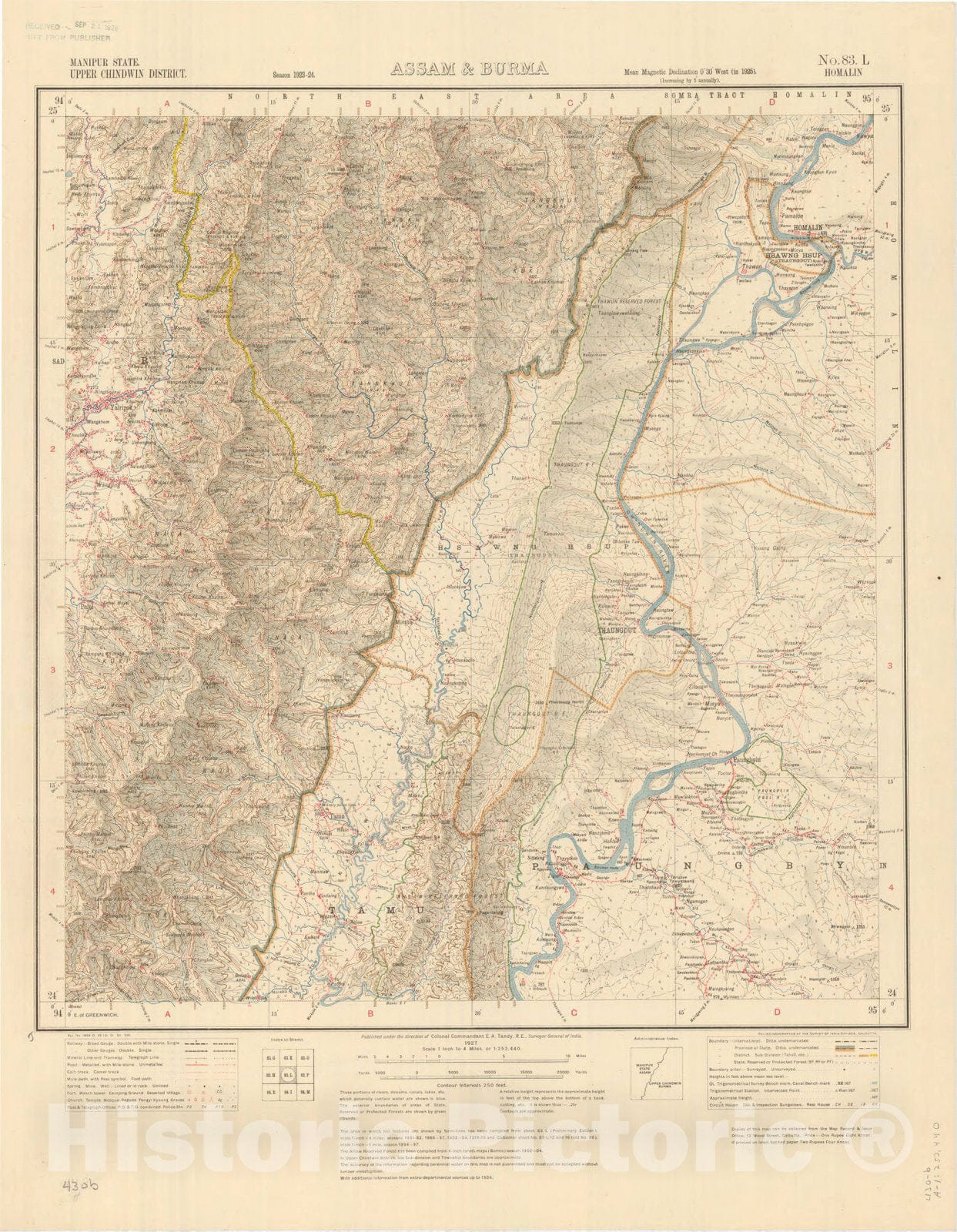 Map : Manipur State,Upper Chindwin District, Assam & Burma, No. 83 L Homalin 1927, India 1:253,440, Antique Vintage Reproduction