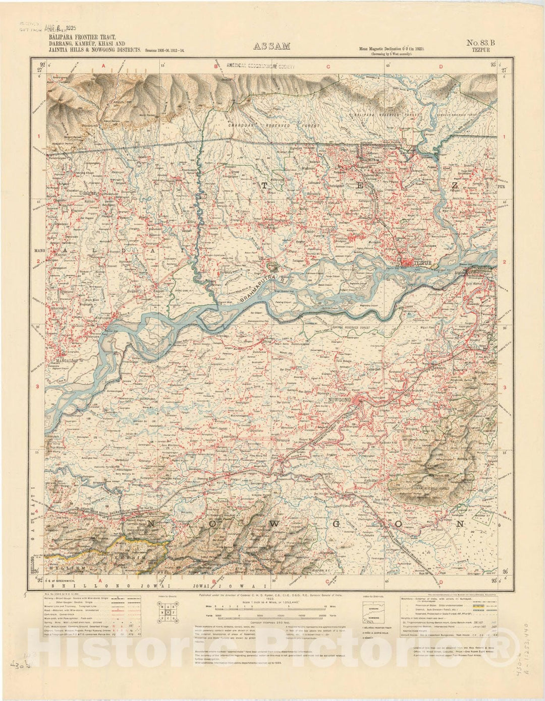 Map : Balipara Frontier Tract, Darrang, Kamrup, Khasi and Jaintia Hills & Nowgong Districts, Assam No. 83 B Tezpur 1923, India 1:253,440, Antique Vintage Reproduction