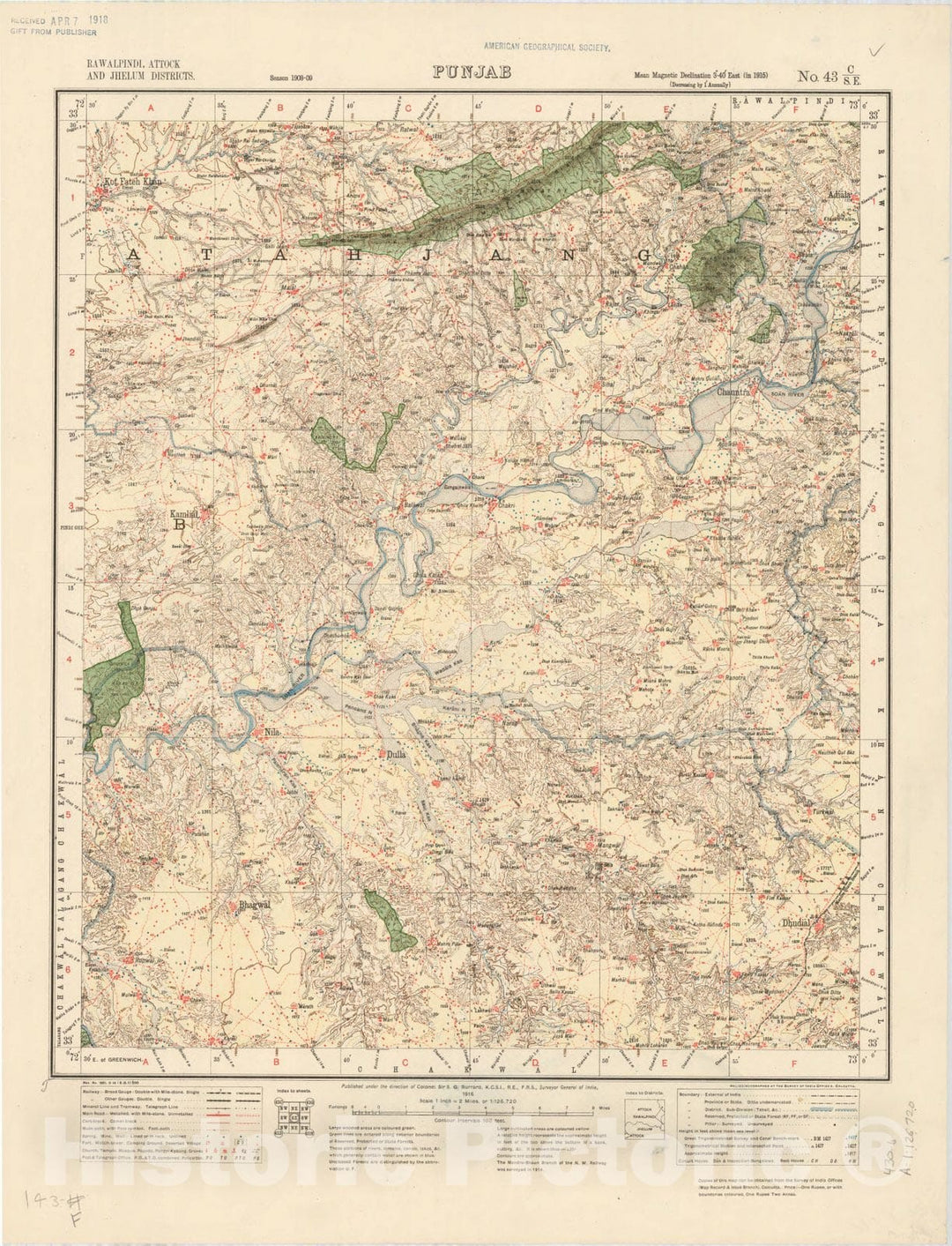 Map : Rawalpindi, Attock and Jhelum Districts, Punjab, No. 43 C/S.E. 1916, India and adjacent countries, Antique Vintage Reproduction