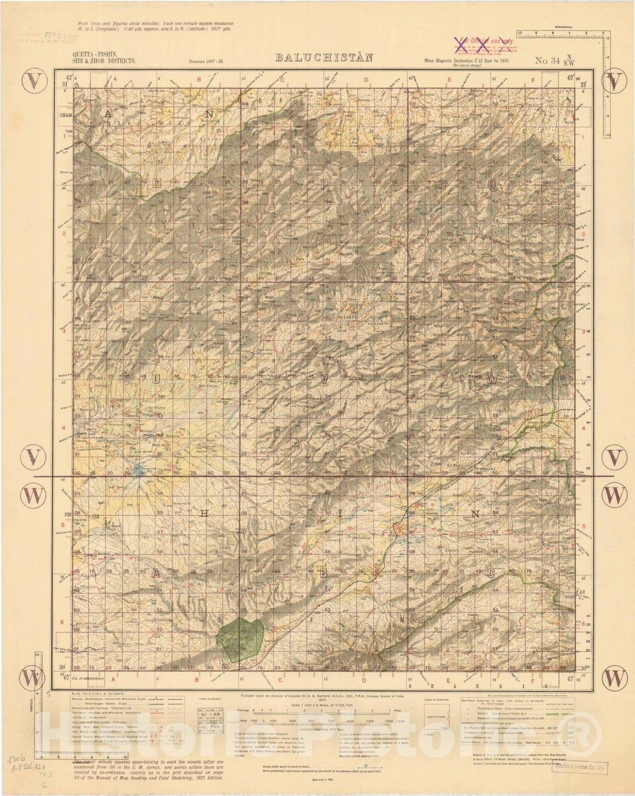 Map : Quetta-Pishin, Sibi & Zhob Districts, Baluchistan, No. 34 N/N.W. 1921, India and adjacent countries, Antique Vintage Reproduction