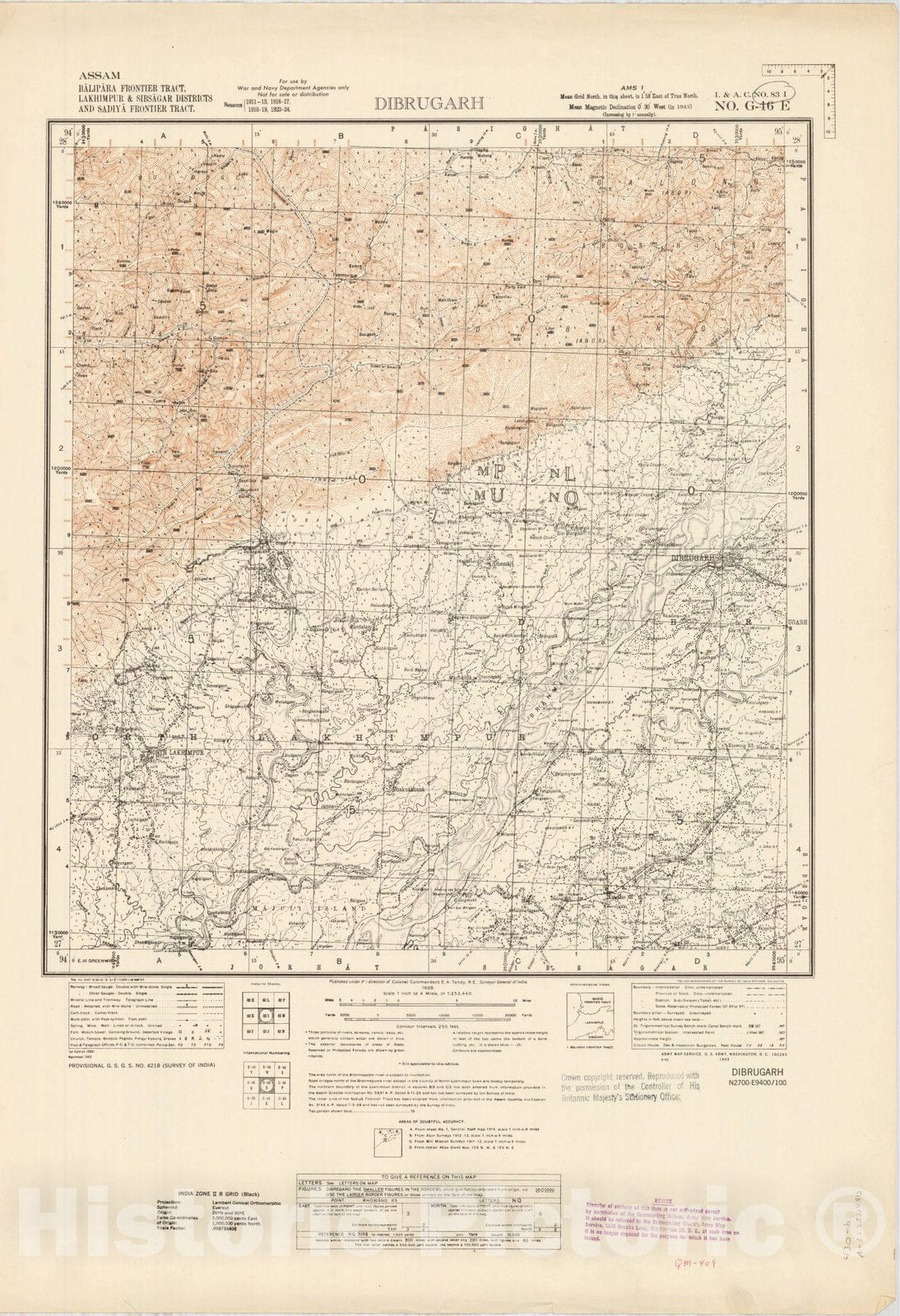 Map : Assam, Balipara Frontier Tract, Lakhimpur & Sibsagar Districts and Sadiya Frontier Tract, Dibrugarh, No. 83 I 1942, India 1:253,440, Antique Vintage Reproduction