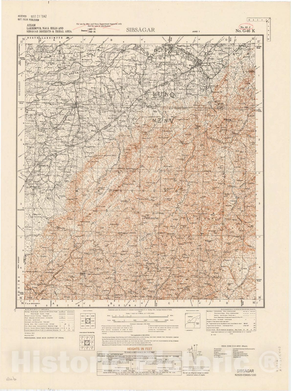 Map : Assam, Lakhimpur, Naga Hills and Sibsagar Districts & Tribal area, Sibsagar, No. 83 J 1942, India 1:253,440, Antique Vintage Reproduction