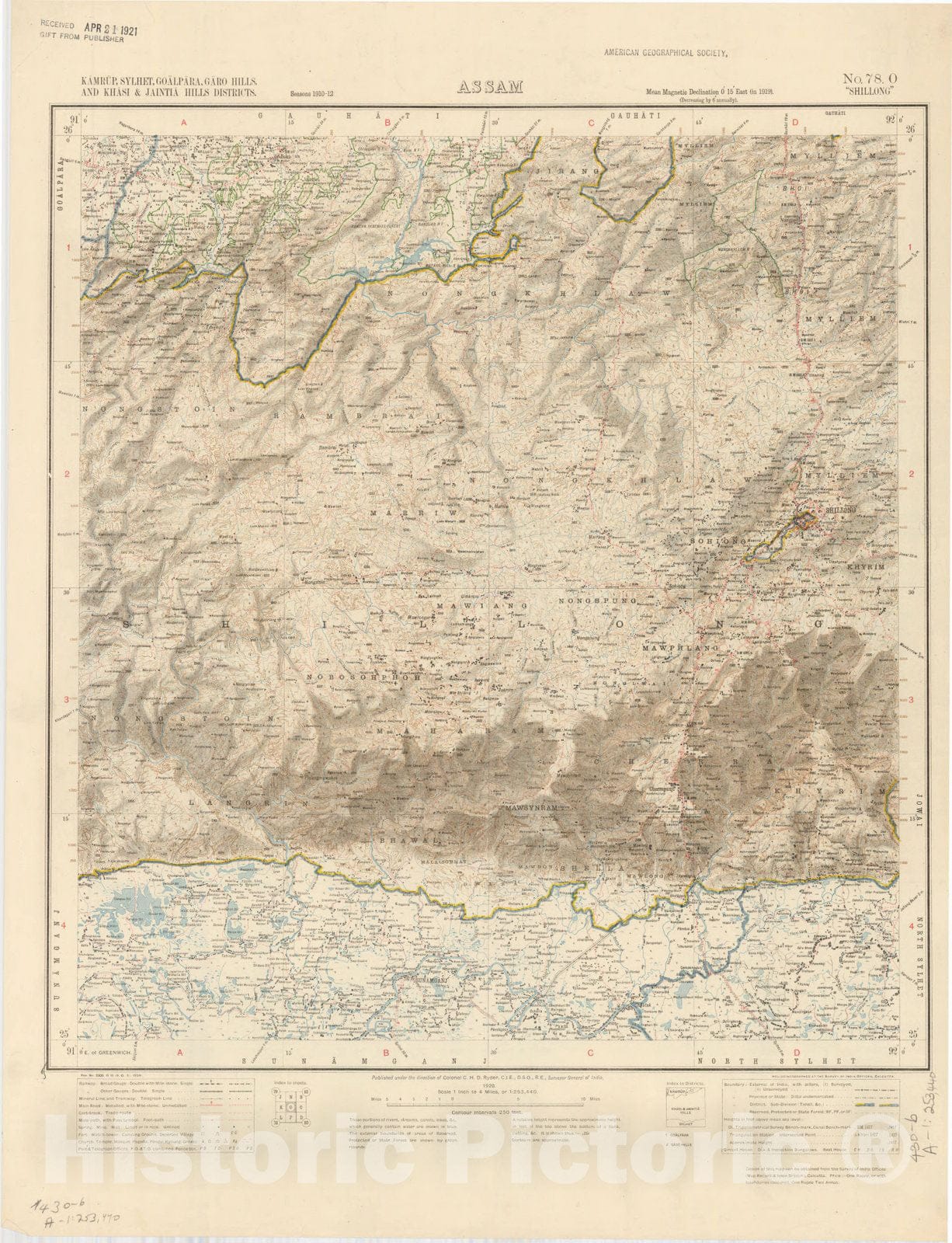 Map : Kamrup, Sylhet, Goalpara, Garo Hills, and Khasi & Jaintia Hills Districts, Assam No. 78 O 1920 1, India 1:253,440, Antique Vintage Reproduction