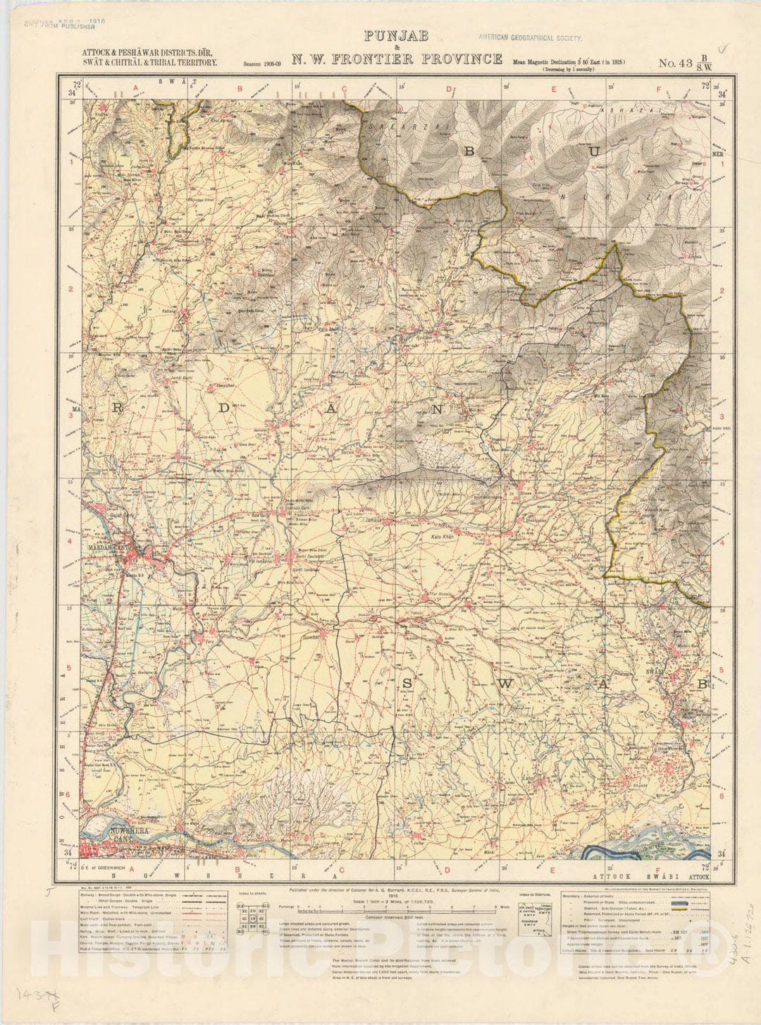 Map : Attock & Peshawar Districts, Dir, Swat & Chitral & Tribal Territory, Punjab & N.w. Frontier Province, No. 43 B/S.W. 1916, India and adjacent countries