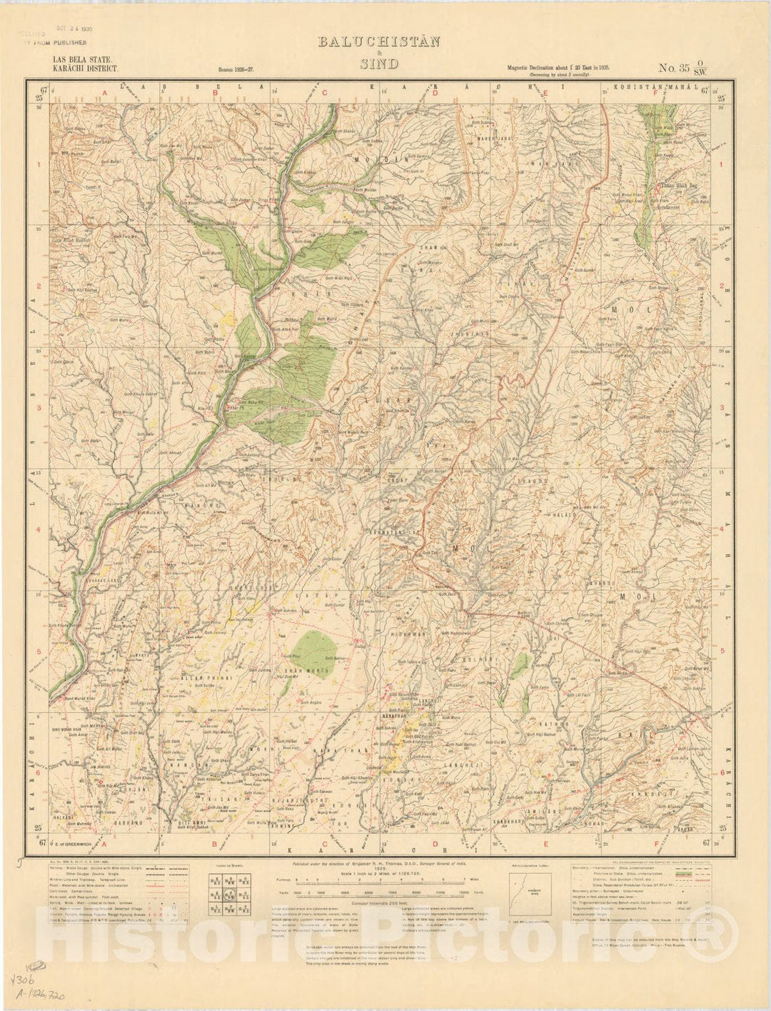 Map : Las Bela State, Karachi District, Baluchistan & Sind, No. 35 O/S.W. 1929, India and adjacent countries, Antique Vintage Reproduction