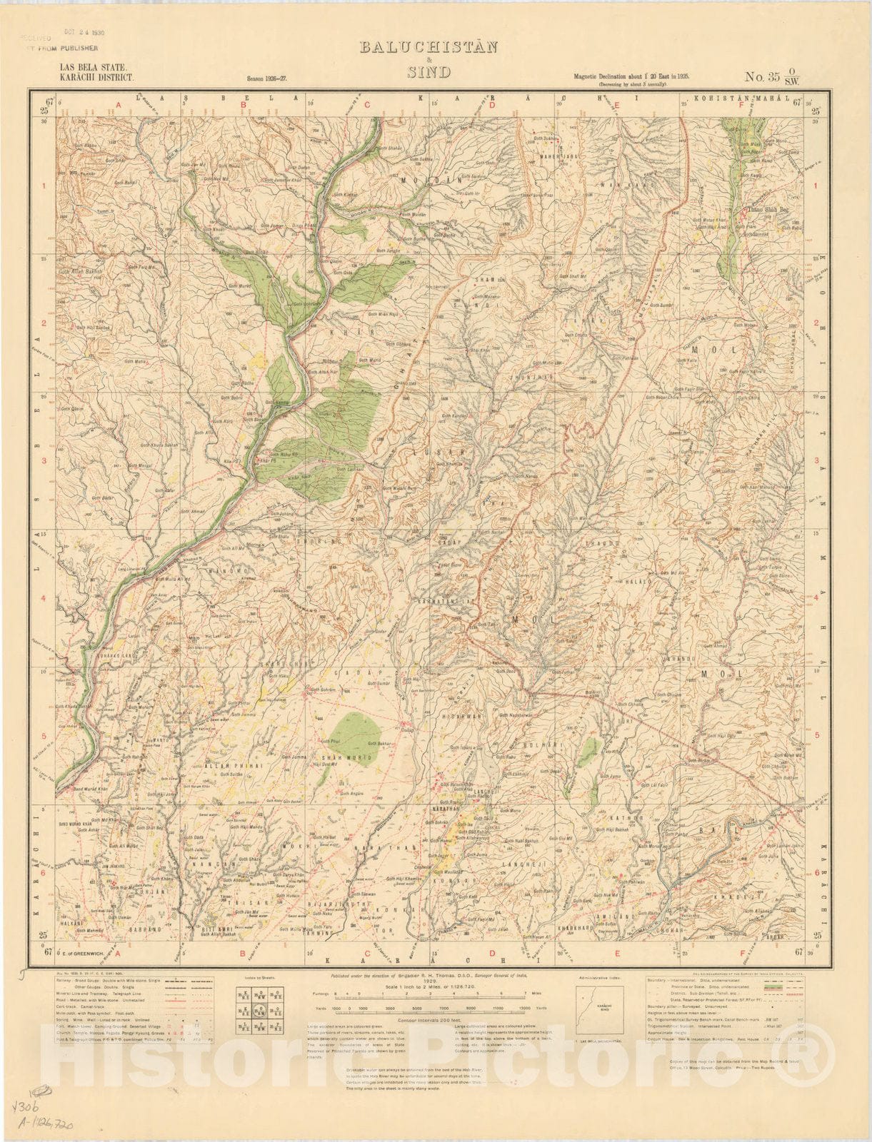 Map : Las Bela State, Karachi District, Baluchistan & Sind, No. 35 O/S.W. 1929, India and adjacent countries, Antique Vintage Reproduction