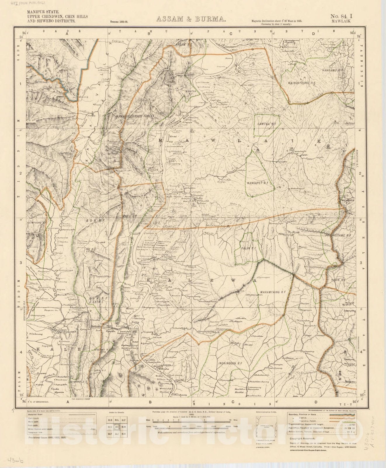 Map : Manipur State, Upper Chindwin, Chin Hills and Shwebo Districts, Assam & Burma, No. 84 I Mawlaik 1931, India 1:253,440, Antique Vintage Reproduction