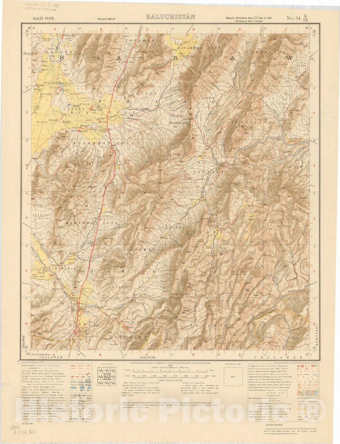 Map : Kalat State, Baluchistan, No. 34 K/S.E. 1934, India and adjacent countries, Antique Vintage Reproduction