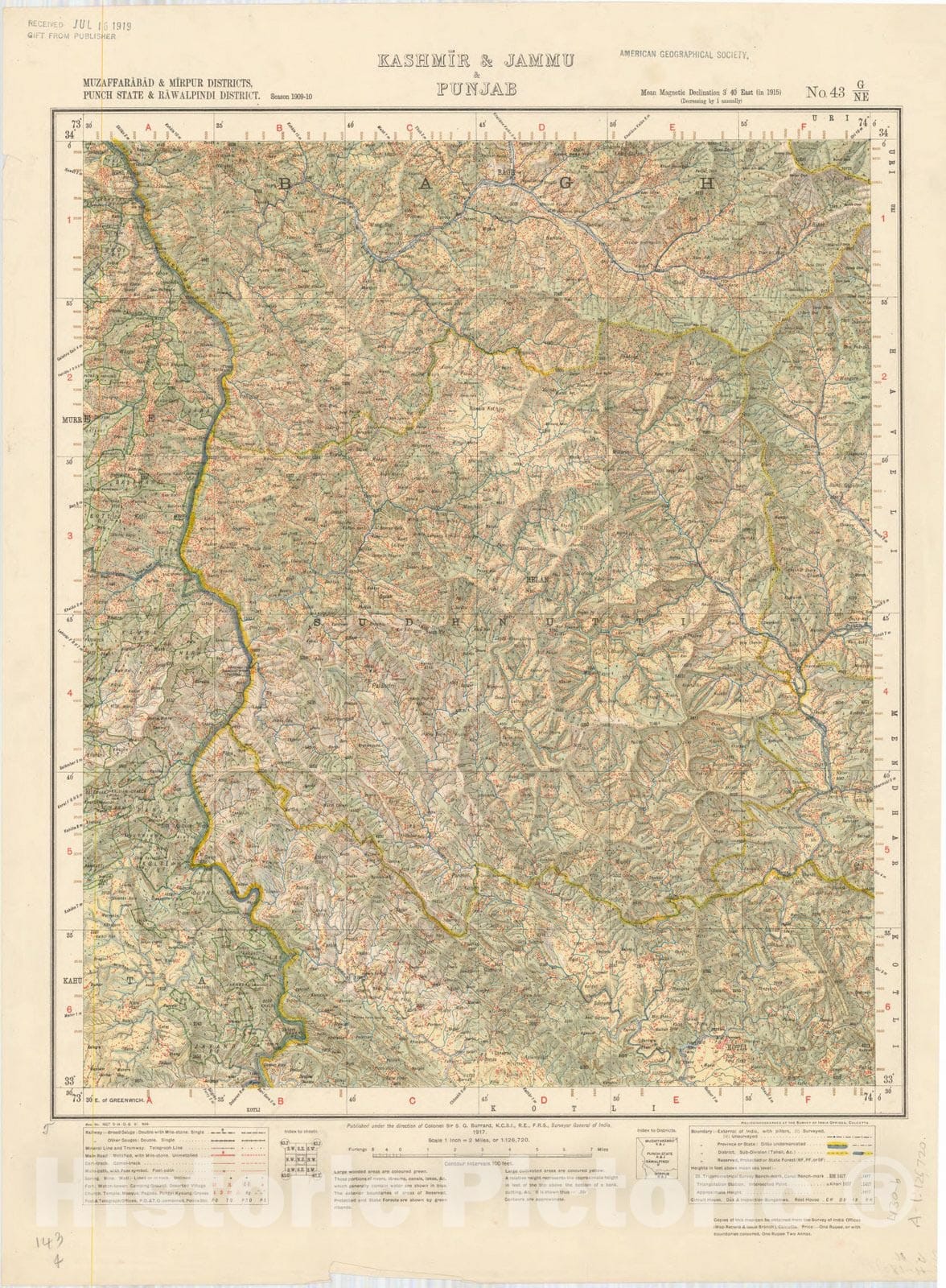 Map : Muzaffarabad & Mirpur Districts, Punch State & Rawalpindi District, Kashmir & Jammu & Punjab, No. 43 G/N.E. 1917, India and adjacent countries