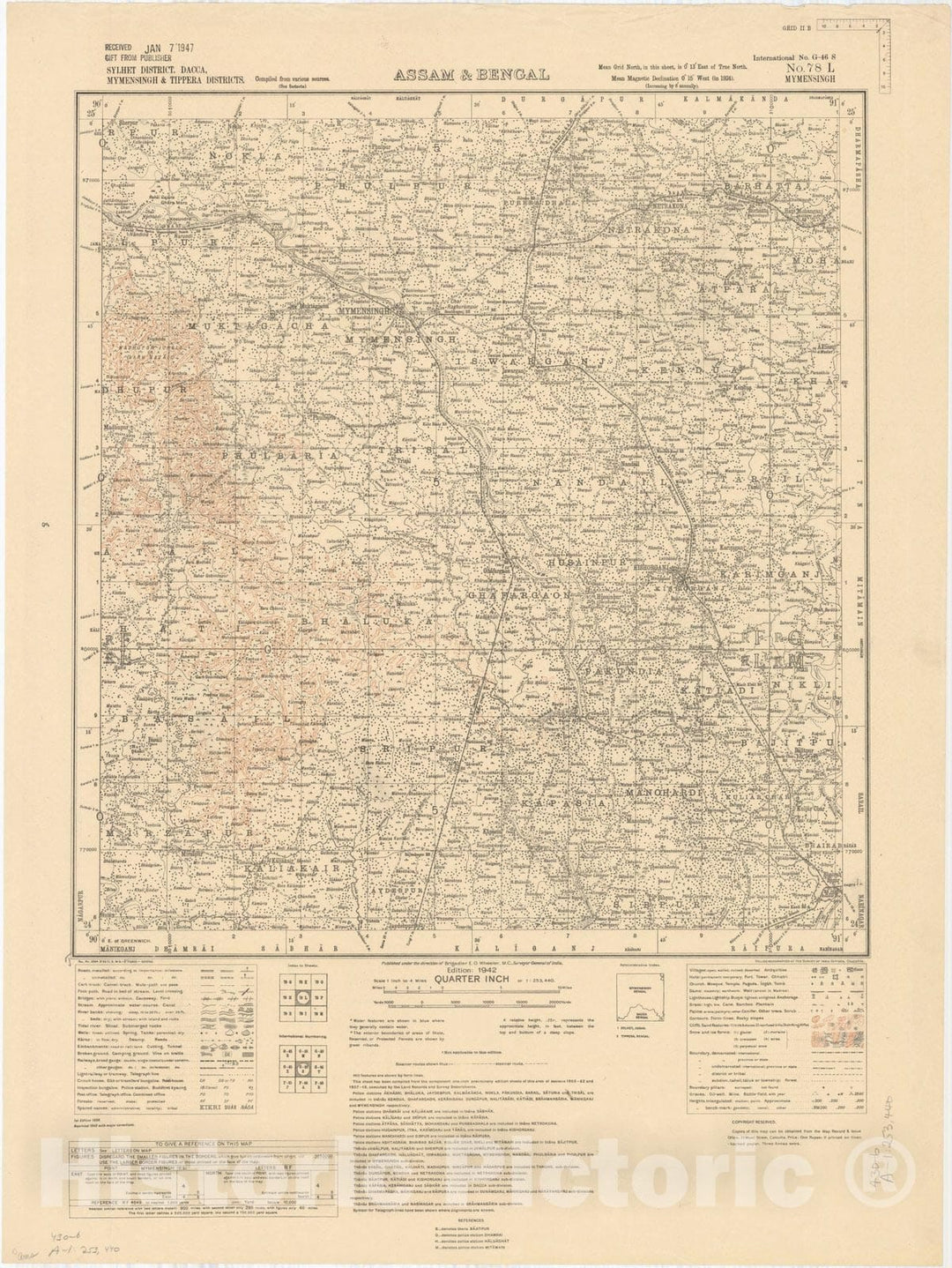 Map : Sylhet District, Dacca, Mymensingh &Tippera Districts, Assam & Bengal, No. 78 L 1942, India 1:253,440, Antique Vintage Reproduction