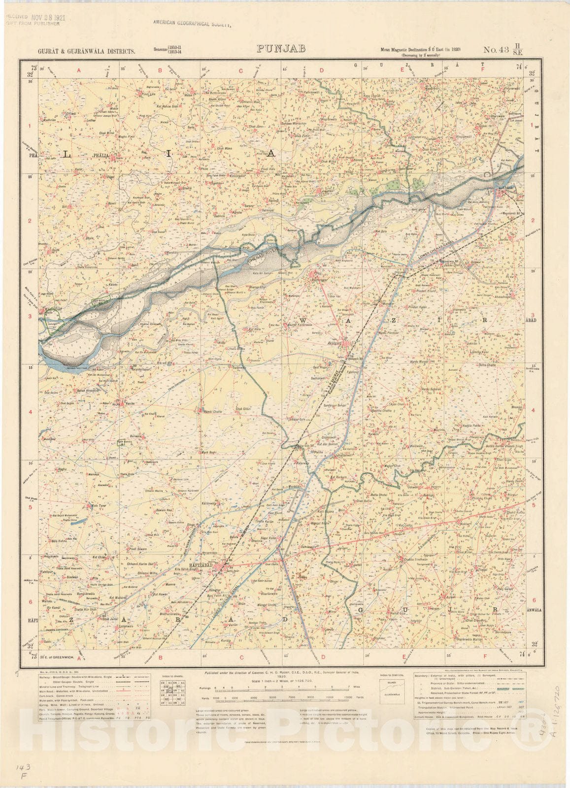 Map : Gujrat & Gujranwala Districts, Punjab, No. 43 H/S.E. 1920, India and adjacent countries, Antique Vintage Reproduction