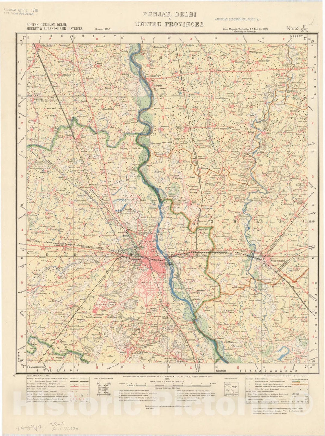 Historic Map : Rohtak, Gurgaon, Delhi, Meerut & Bulandshahr Districts, Punjab, Delhi & United Provinces, No. 53 H/N.W. 1917, India and adjacent countries, Antique Vintage Reproduction