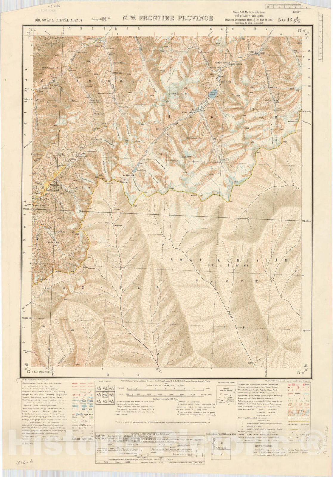 Map : Dir, Swat & Chitral Agency, N.W. Frontier Province, No. 43 A/N.W. 1933, India and adjacent countries, Antique Vintage Reproduction