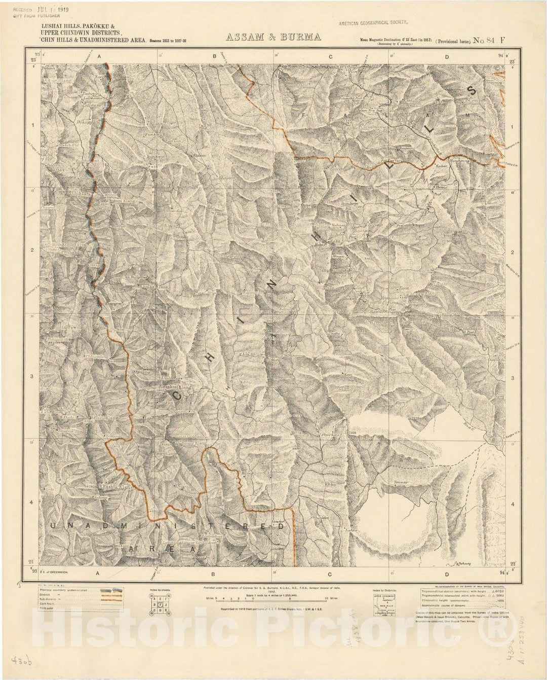 Map : Lushai Hills, Pakokku & Upper Chindwin Districts, Chin Hills & Unadministered area, Assam & Burma, No. 84 F 1912, India 1:253,440, Antique Vintage Reproduction