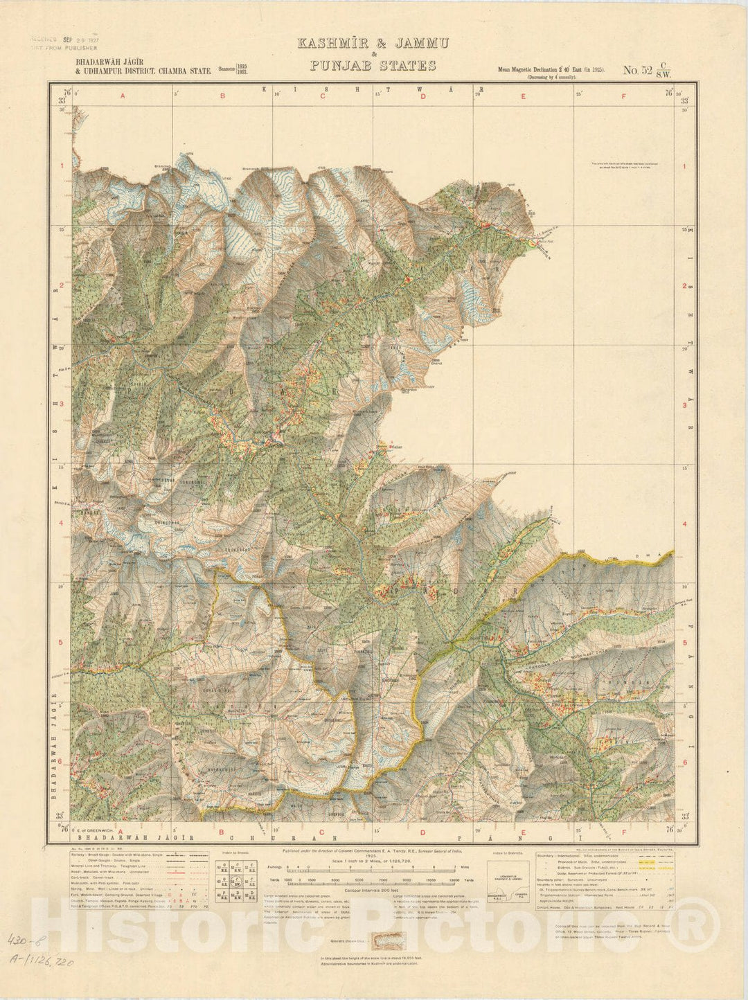 Map : Bhadarwah Jagir, Gurdaspur District, Chamba State, Kashmir & Jammu, Punjab & Punjab States, No. 52 C/S.W. 1925, India and adjacent countries