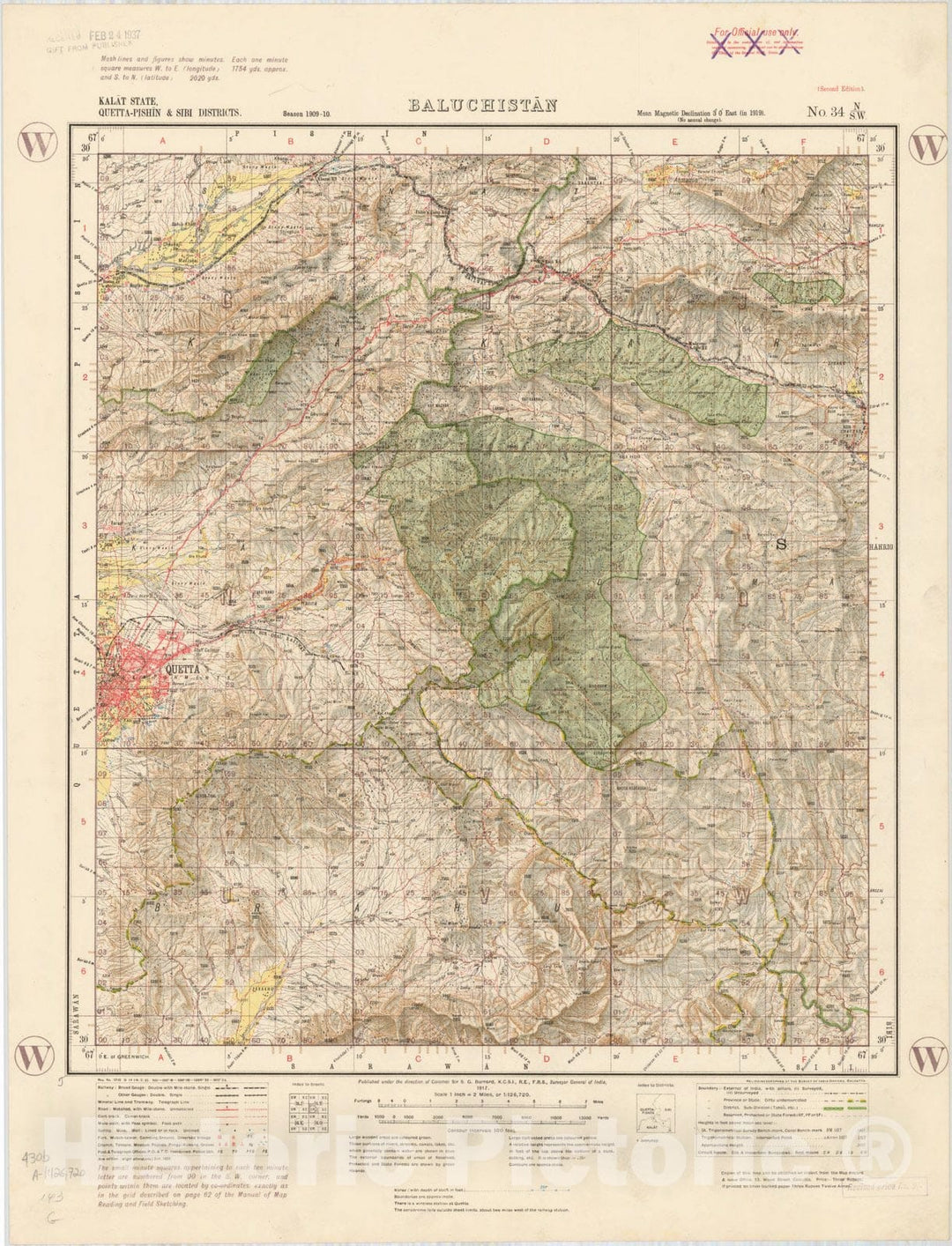 Map : Kalat State, Quetta-Pishin & Sibi Districts, Baluchistan, No. 34 N/S.W. 1917, India and adjacent countries, Antique Vintage Reproduction