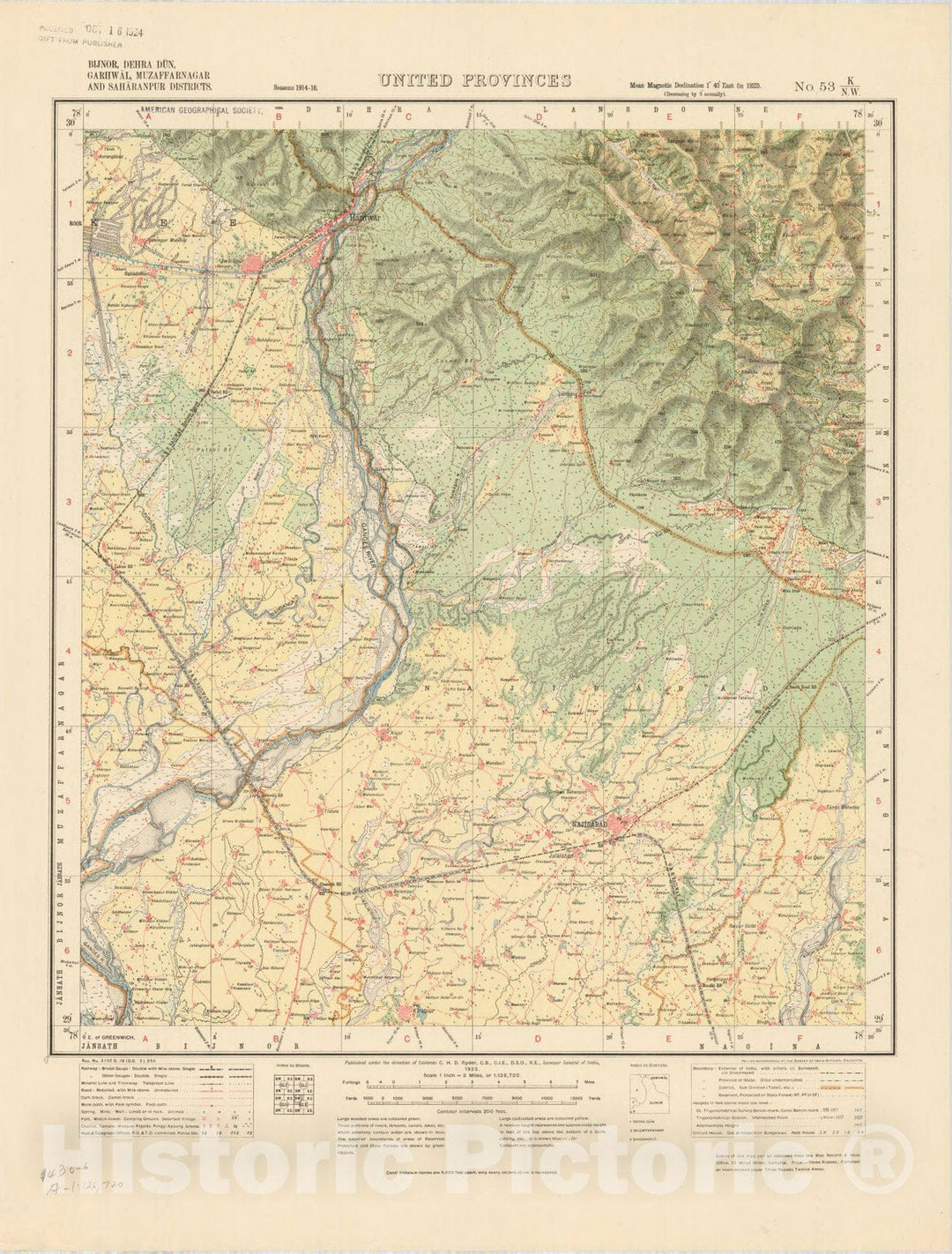 Historic Map : Bijnor, Dehra Dun, Garhwal, Muzaffarnagar and Saharanpur Districts, United Provinces, No. 53 K/N.W. 1923, India and adjacent countries, Antique Vintage Reproduction