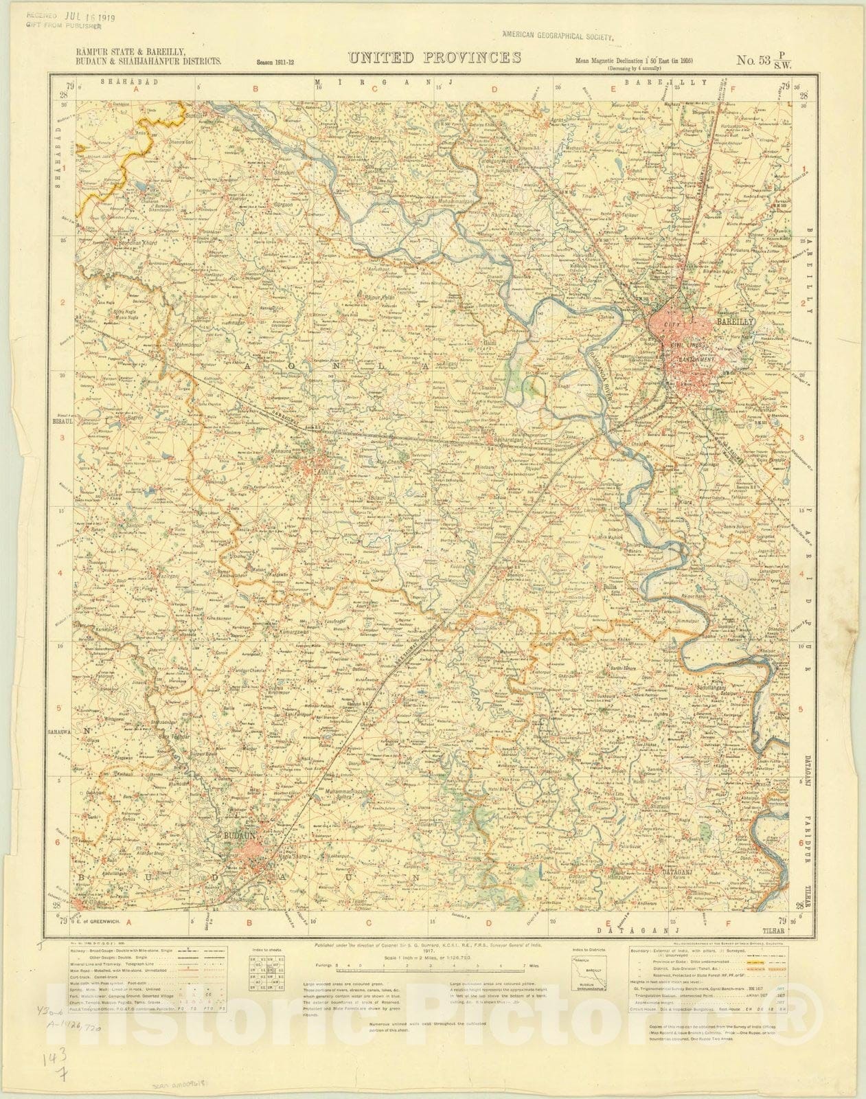 Map : Rampur State & Bareilly, Budaun & Shahjahanpur Districts, United Provinces, No. 53 P/S.W. 1917, India and adjacent countries, Antique Vintage Reproduction