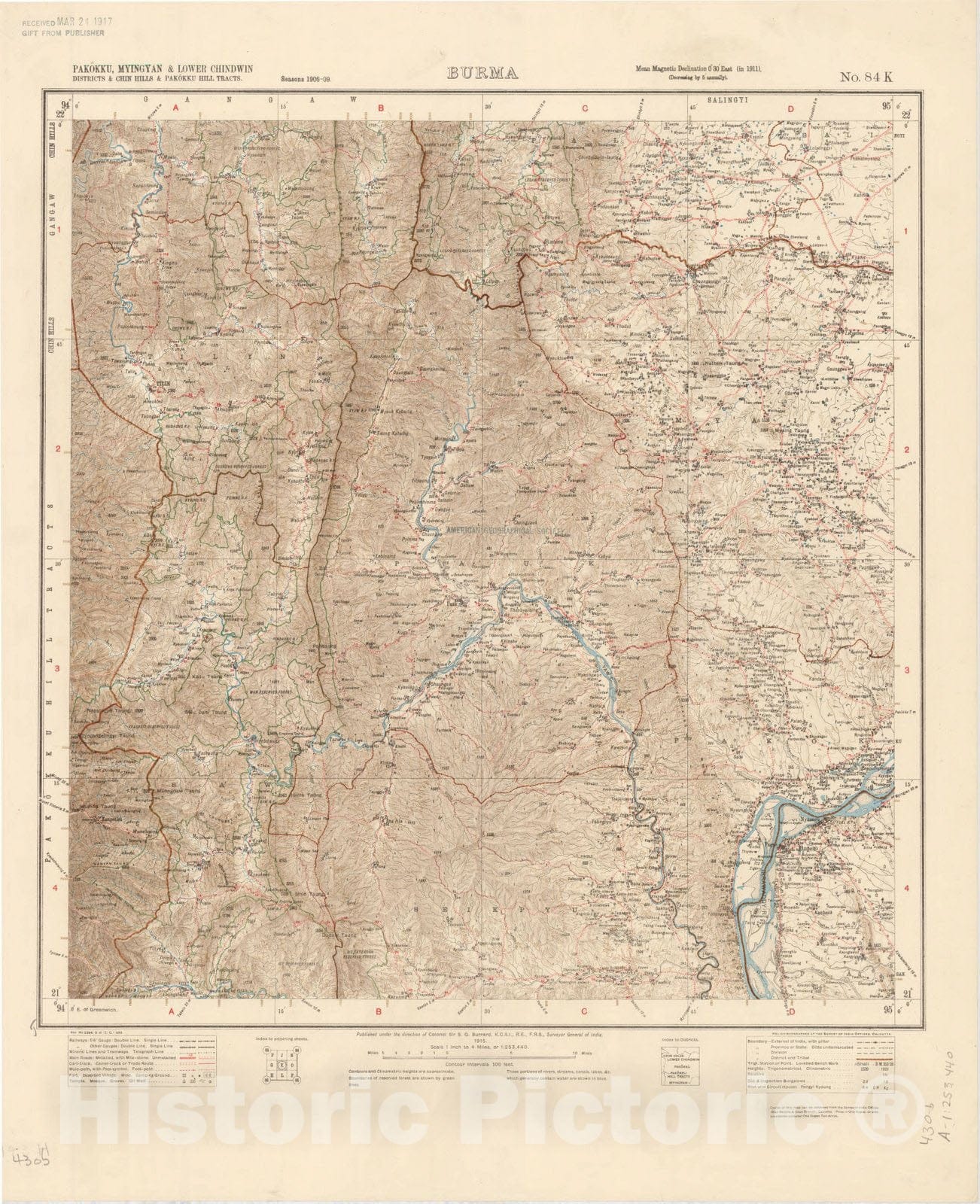 Map : Pakokku, Myingyan & Lower Chindwin Districts & Chin Hills & Pakokku Hill Tracts, Burma, No. 84 K 1915, India 1:253,440, Antique Vintage Reproduction