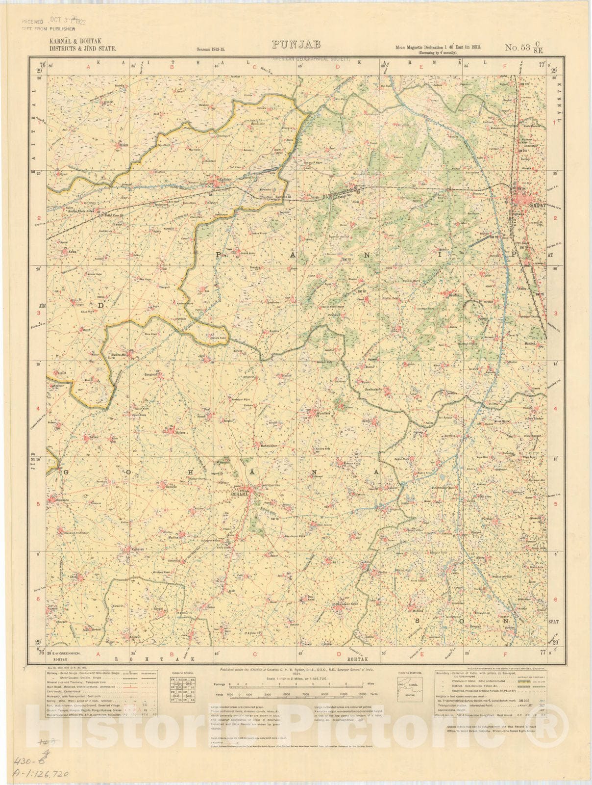 Map : Karnal & Rohtak Districts & Jind State, Punjab, No. 53 C/S.E. 1921, India and adjacent countries, Antique Vintage Reproduction