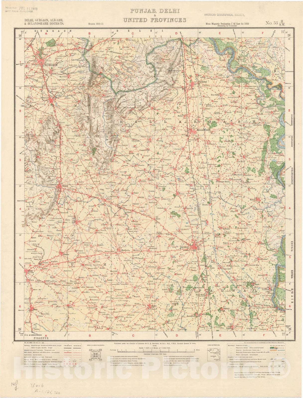 Historic Map : Delhi, Gurgaon, Aligarh & Baulandshahr Districts, Punjab, Delhi & United Provinces, No. 53 H/S.W. 1916, India and adjacent countries, Antique Vintage Reproduction