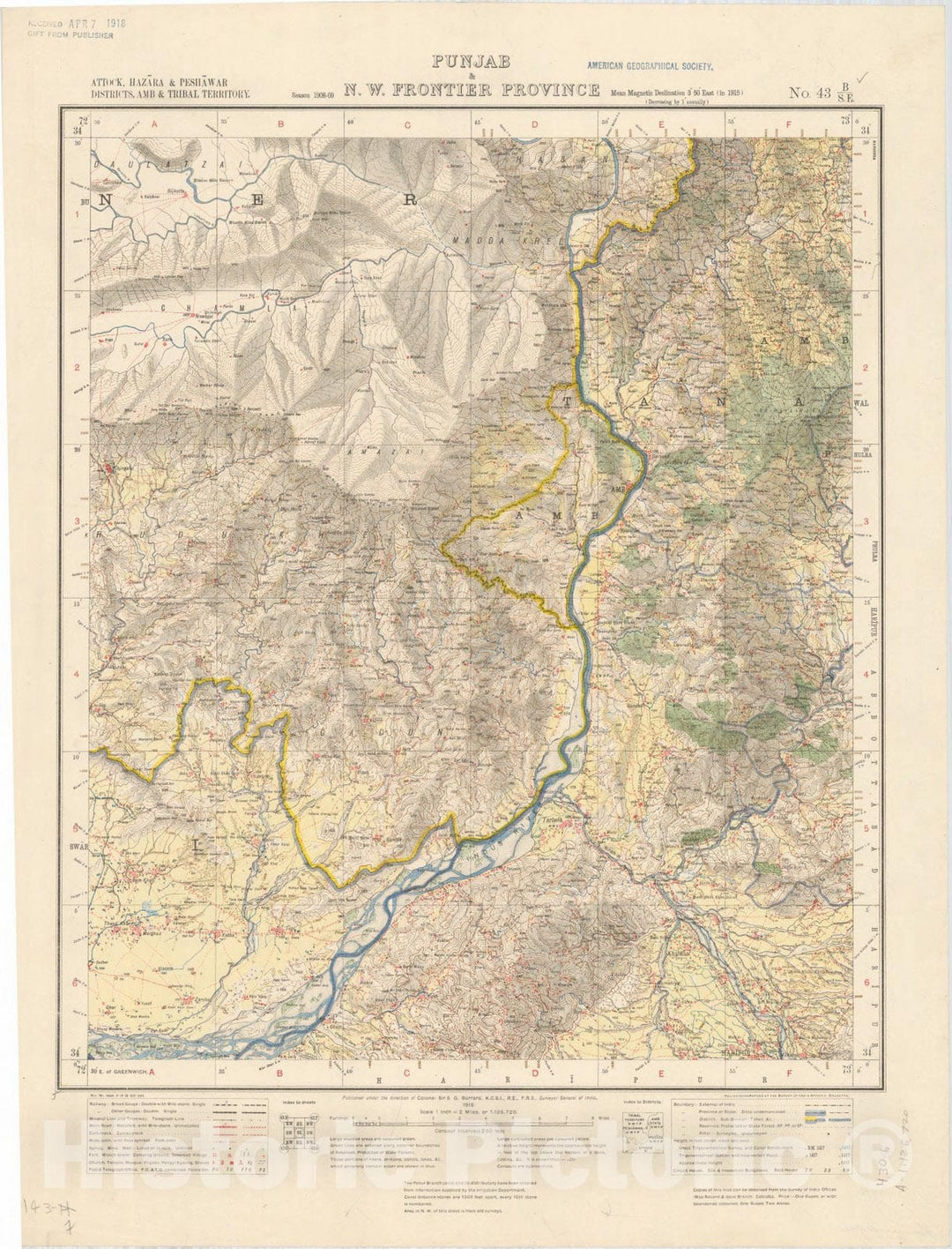 Map : Attock, Hazara & Peshawar Districts, Amb & Tribal Territory, Punjab & N.W. Frontier Province, No. 43 B/S.E. 1916, India and adjacent countries