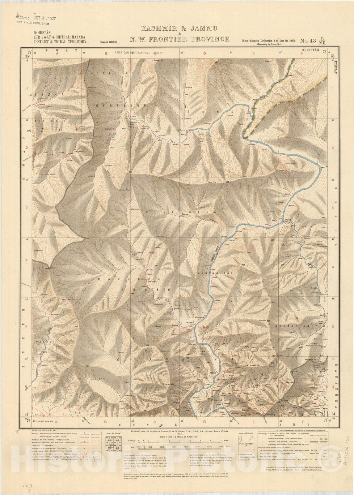 Map : Kohistan, Dir Swat & Chitral, Hazara District & Tribal Territory, Kashmir & Jammu & N.W. Frontier Province, No. 43 B/N.E. 1921, India and adjacent countries