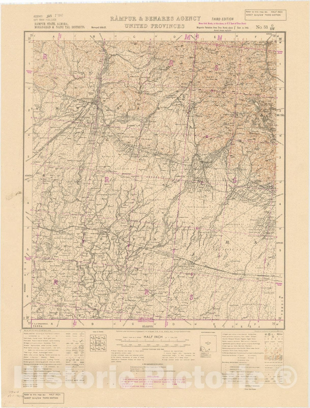 Map : Rampur State, Almora, Moradabad & Naini Tal Districts, Rampur & Benares Agency, United Provinces, No. 53 O/S.W. 1945, India and adjacent countries