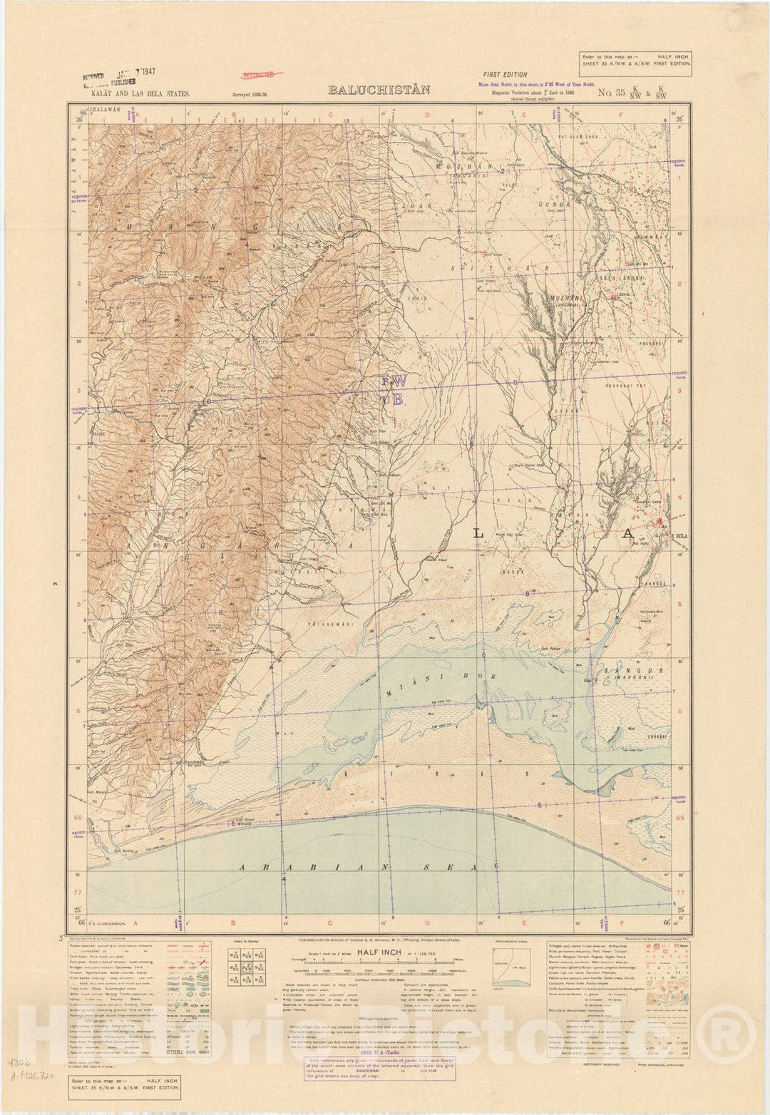 Map : Kalat and Las Bela States, Baluchistan, No. 35 K/N.W. & K/S.W. 1945, India and adjacent countries, Antique Vintage Reproduction