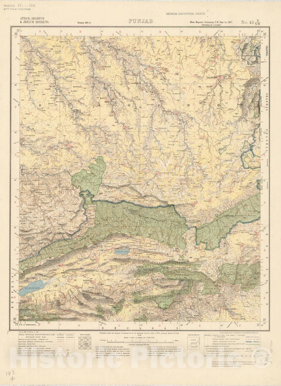 Map : Attock, Shahpur & Jhelum Districts Punjab, No. 43 D/N.W. 1918, India and adjacent countries, Antique Vintage Reproduction