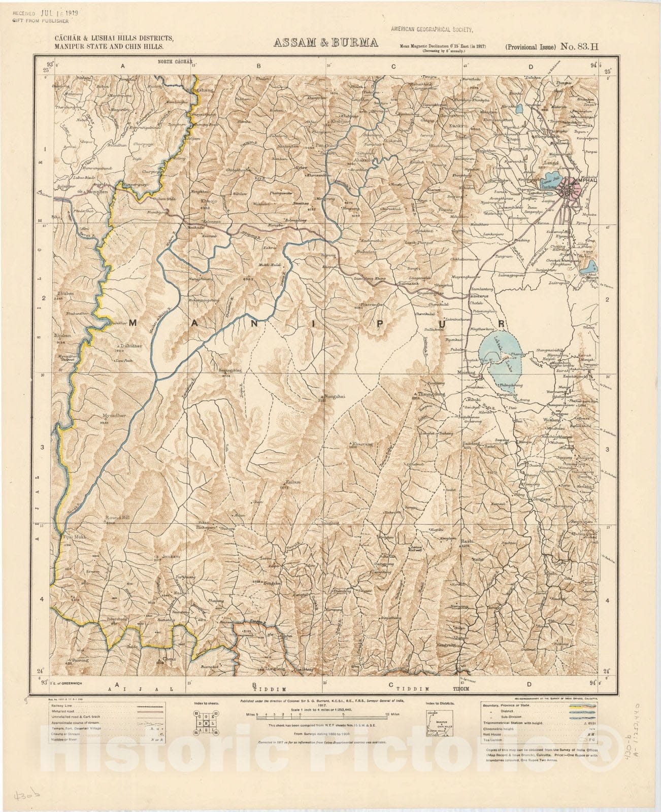 Map : Cahcar & Lushai Hills Districts, Manipur State and Chin Hills, Assam & Burma, No. 83 H 1917, India 1:253,440, Antique Vintage Reproduction