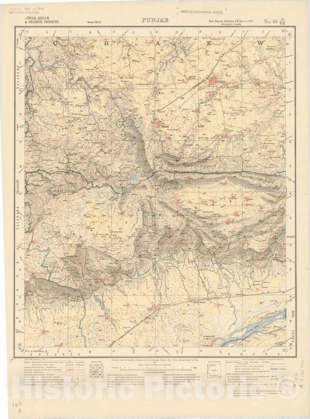 Map : Attock, Jhelum & Shahpur Districts, Punjab, No. 43 D/N.E. 1917, India and adjacent countries, Antique Vintage Reproduction