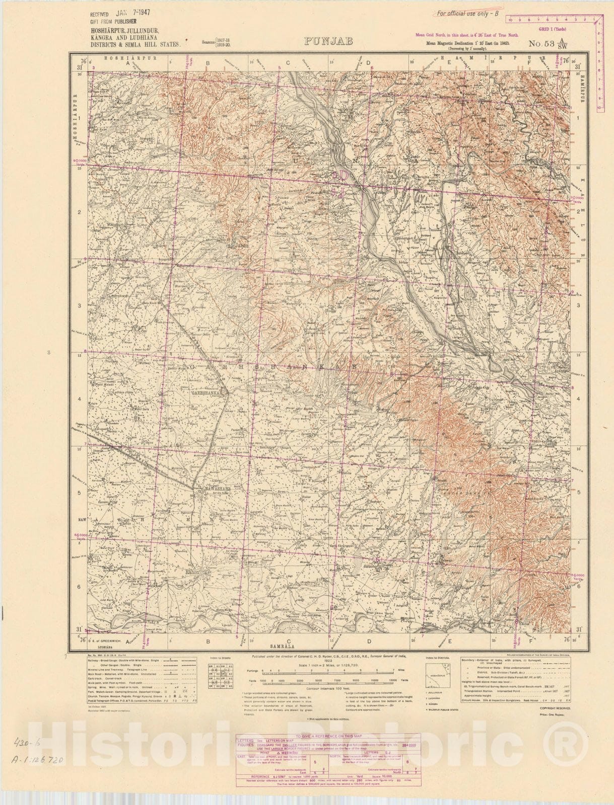 Map : Hoshiarpur, Jullundur, Kangra and Ludhiana Districts & Simla Hill States, Punjab No. 53 A/S.W. 1943, India and adjacent countries, Antique Vintage Reproduction