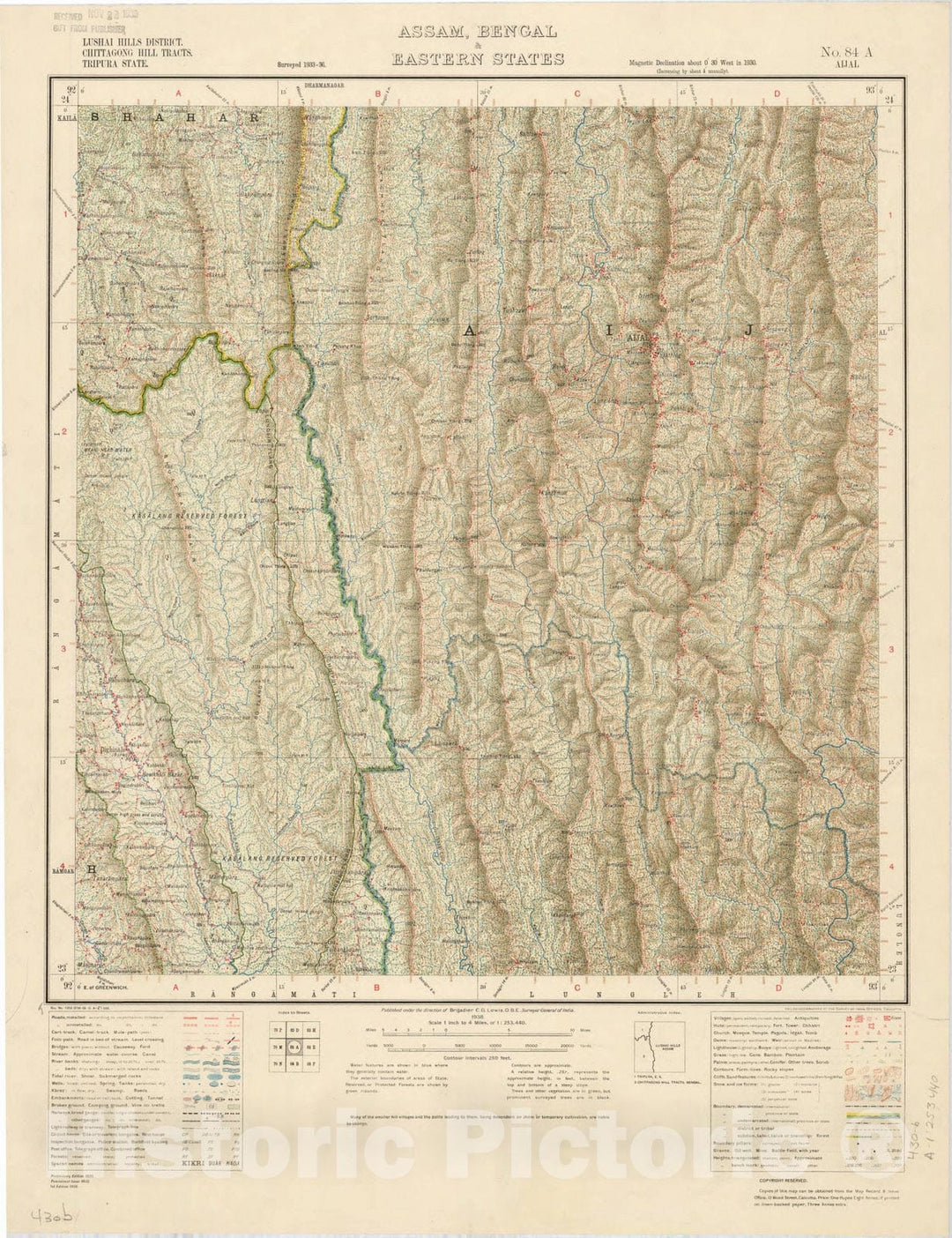 Map : Lushai Hills District, Chittagon Hill Tracts, Tripura State, Assam, Bengal & Eastern states, No. 84 A Aijal 1938, India 1:253,440, Antique Vintage Reproduction